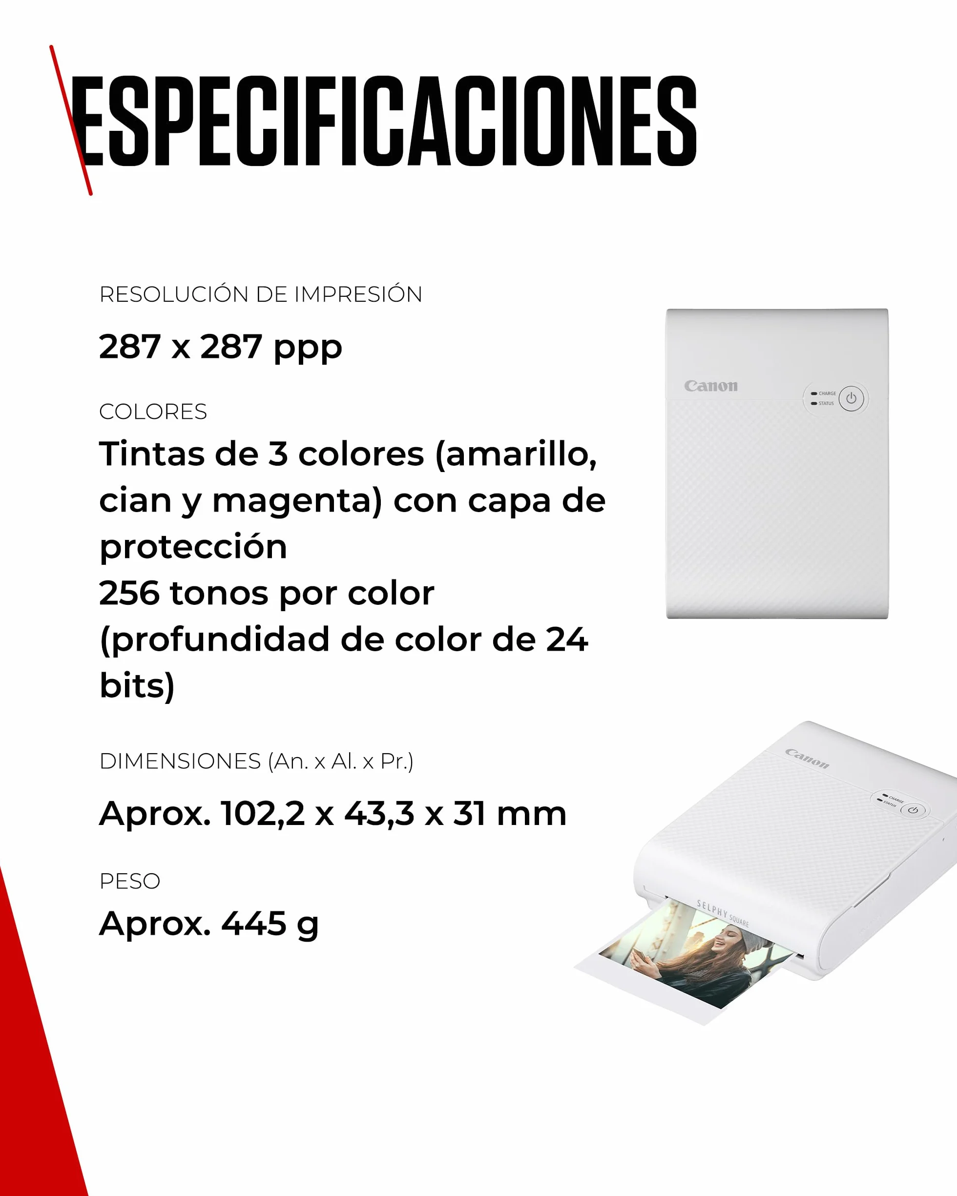 Canon SELPHY QX10, Impresora Fotográfica Instantánea y Portatil por sublimación de tinta, Conexión inalámbrica (Wi-Fi) a Smartphone y Tablet, Papel Cuadrado XS-20L (68 X 68 mm), Blanca