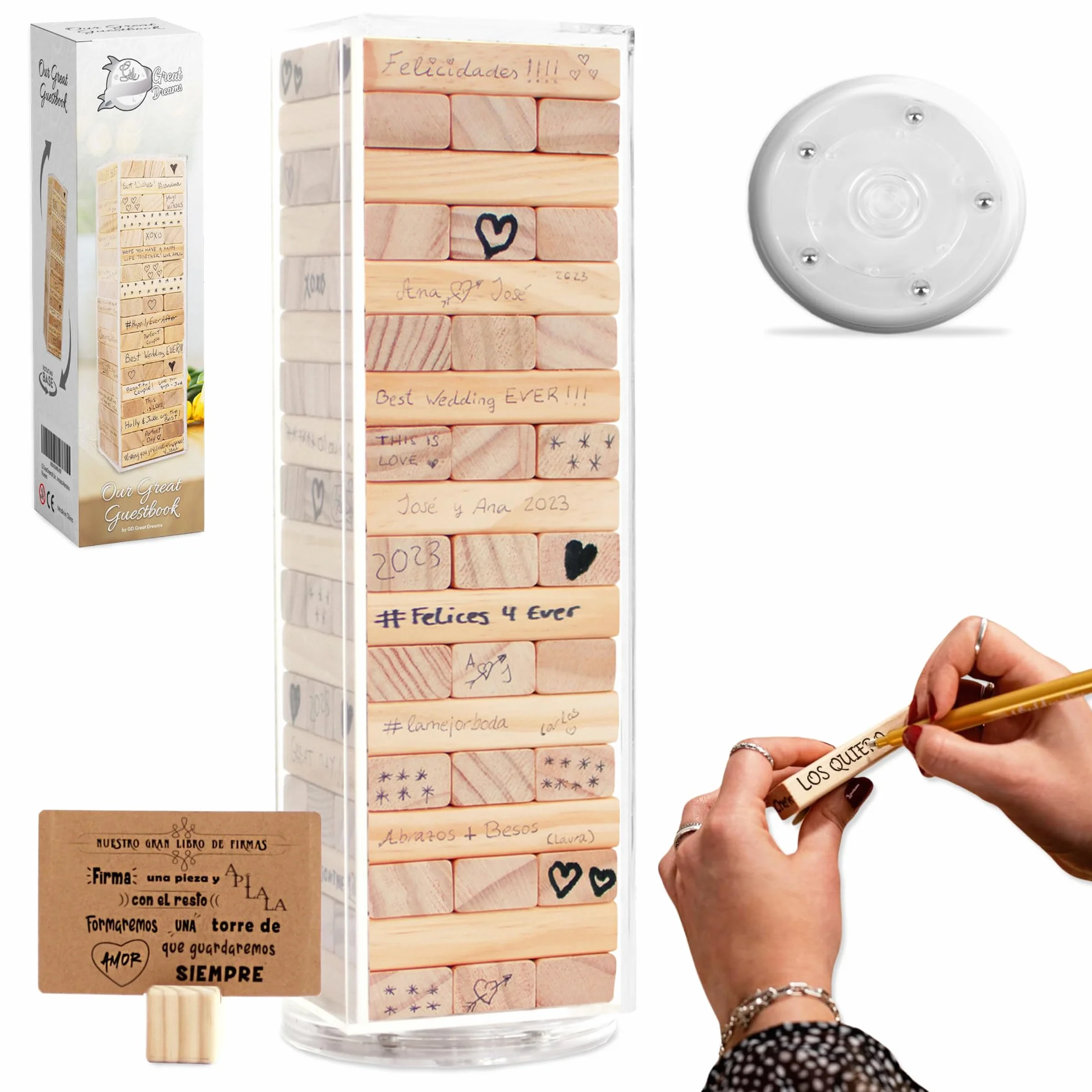 GreatDreams® Libro Firmas Bodas y Comuniones - Libro de Firmas Alternativo con Bloques, Caja y Base Giratoria