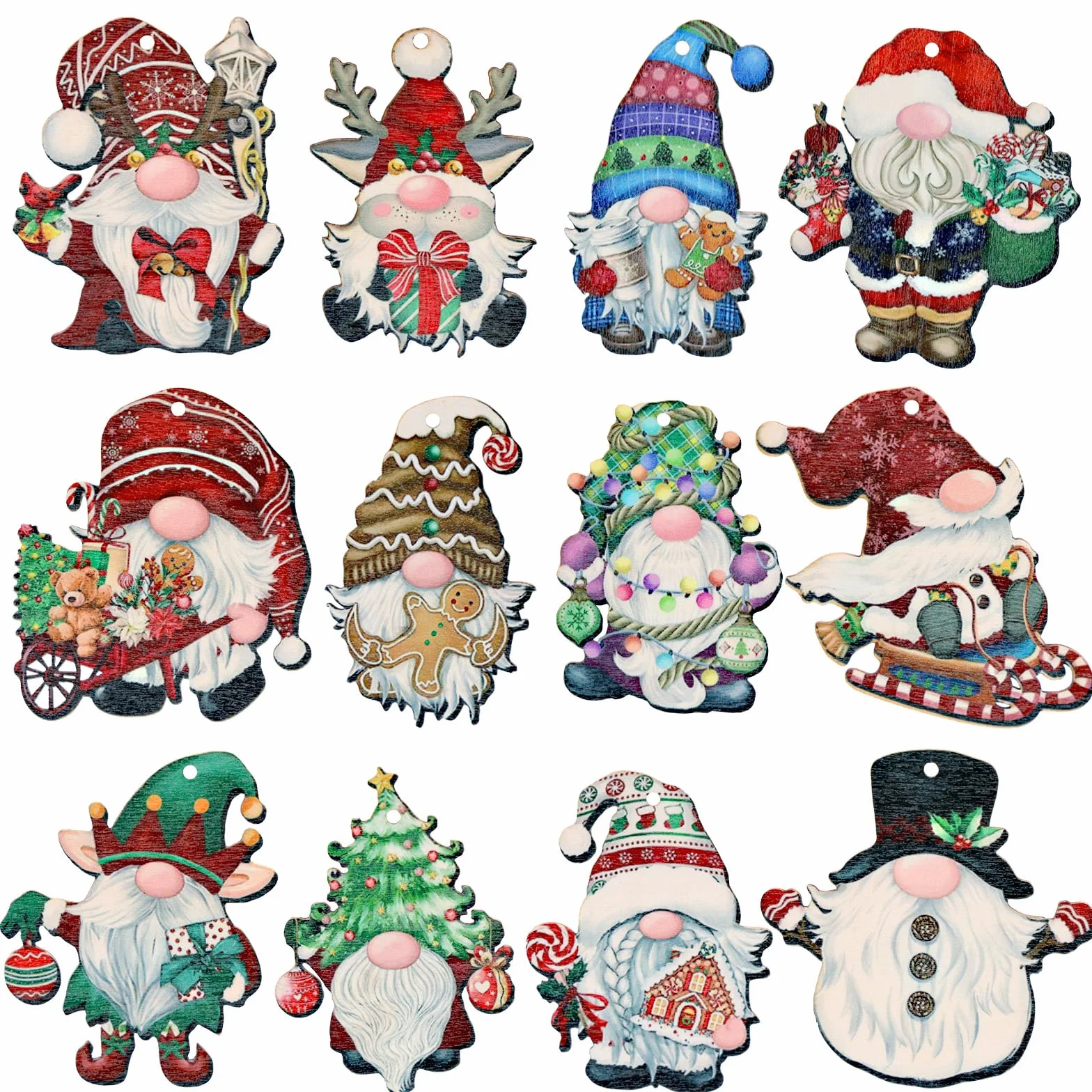 GWHOLE Colgantes de Navidad 24pcs Decoraciones para Árbol de Navidad Adornos de Madera para Árbol de Papá Noel Mini Enano Decoración de 12 Tipos con Hilo 10m