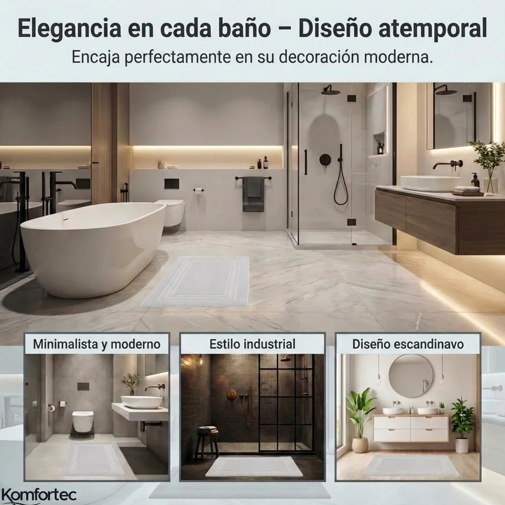 Alfombras de Baño de Algodón 50x70 600 g/m² Absorbente Secado Rápido Blanco Komfortec