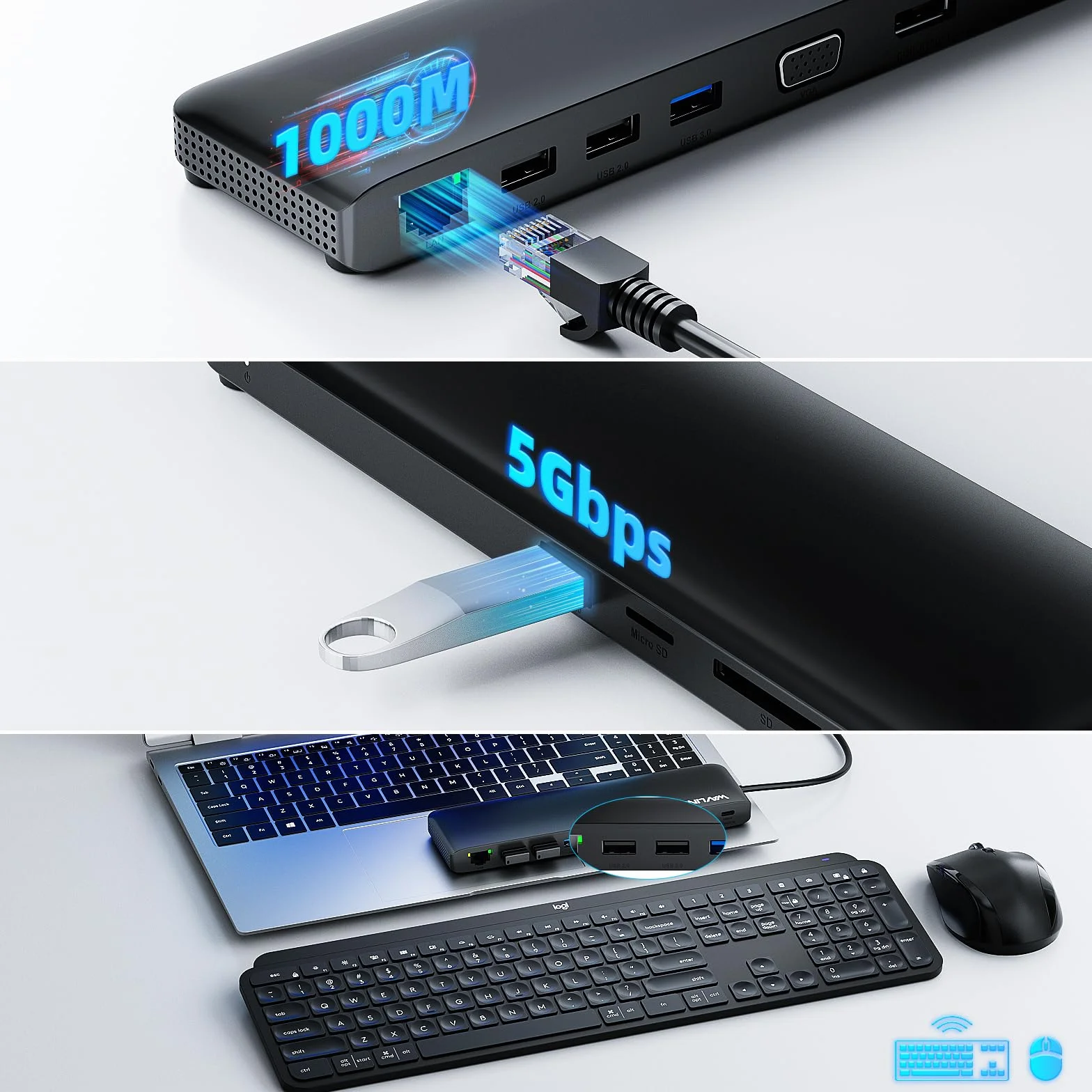 WAVLINK - Estación de Acoplamiento USB-C 3 monitores con HDMI, DP, VGA, 100W PD, USB3.0&2.0, RJ45, Ranuras SD/TF, Audio/micrófono, para Lenovo/HP/DELL, etc