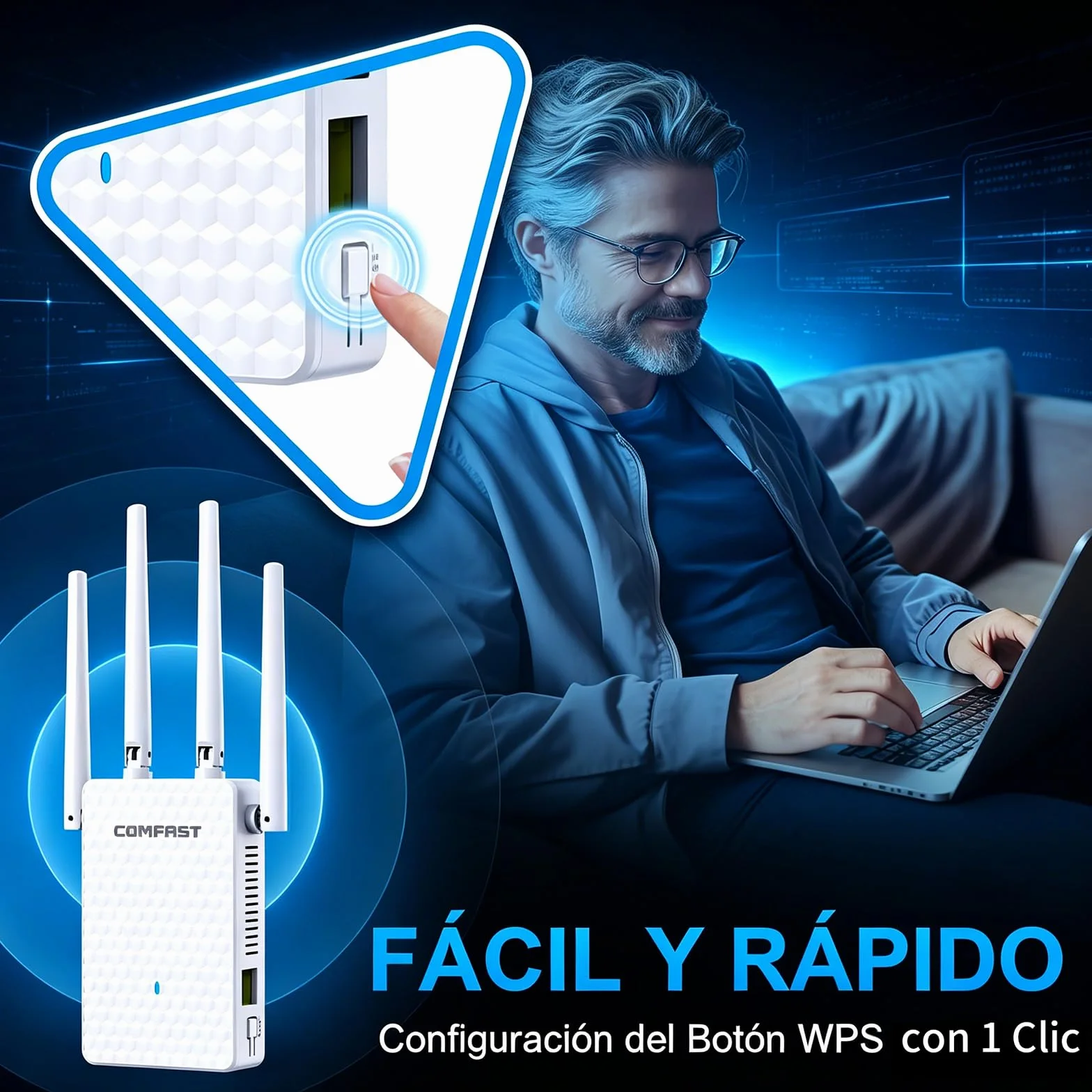 COMFAST Repetidor WiFi, AC1200M Amplificador Señal WiFi, 2.4/5 GHz Amplificador WiFi Potente con Puerto Ethernet, 4 Antenas Externas, Extensor de WiFi para Casa y Oficina, WPS, Repetidor/Router/Ap