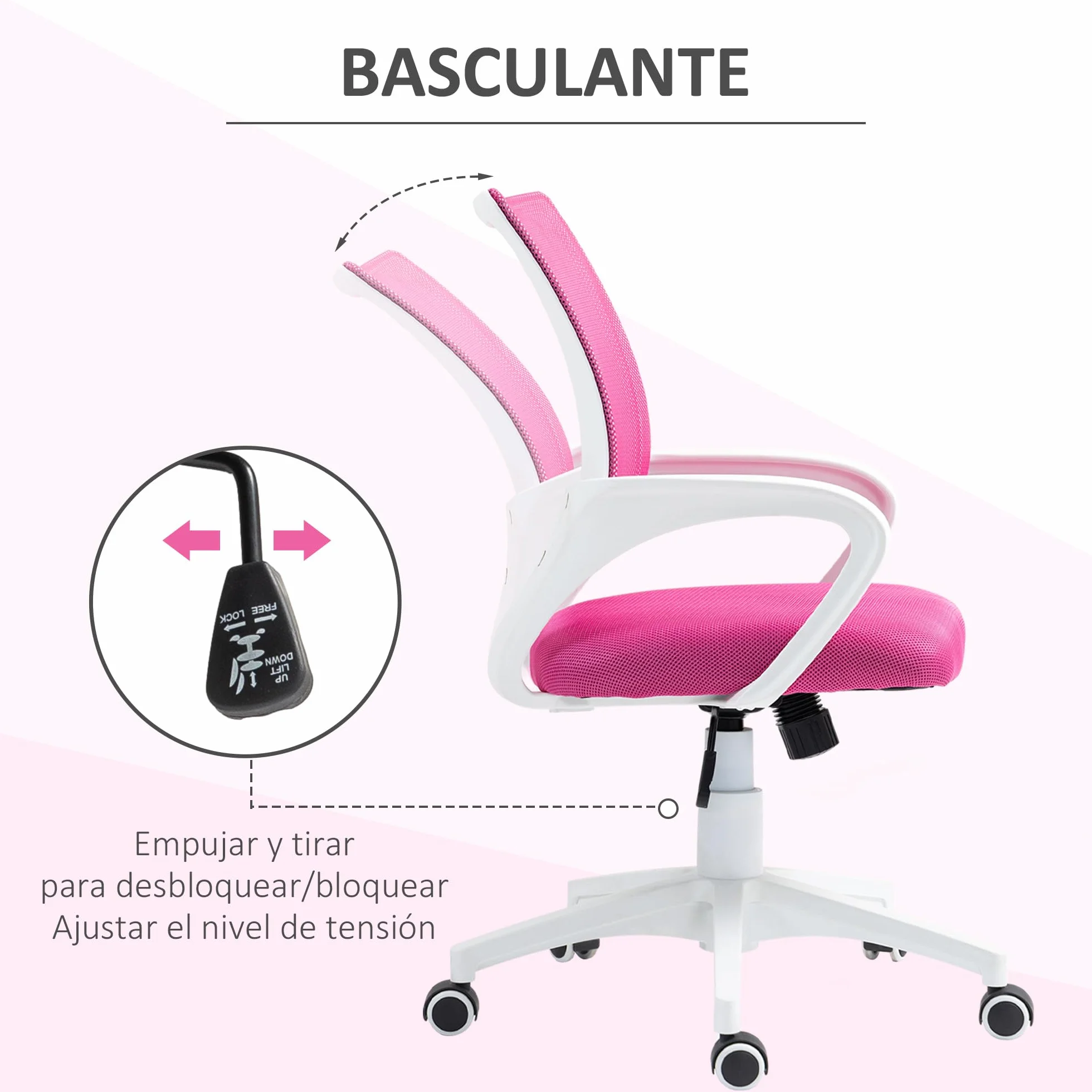 HOMCOM Silla de Oficina de Malla Giratoria Altura Ajustable Basculante Soporte Lumbar Reposabrazos Carga 120 kg Rosa