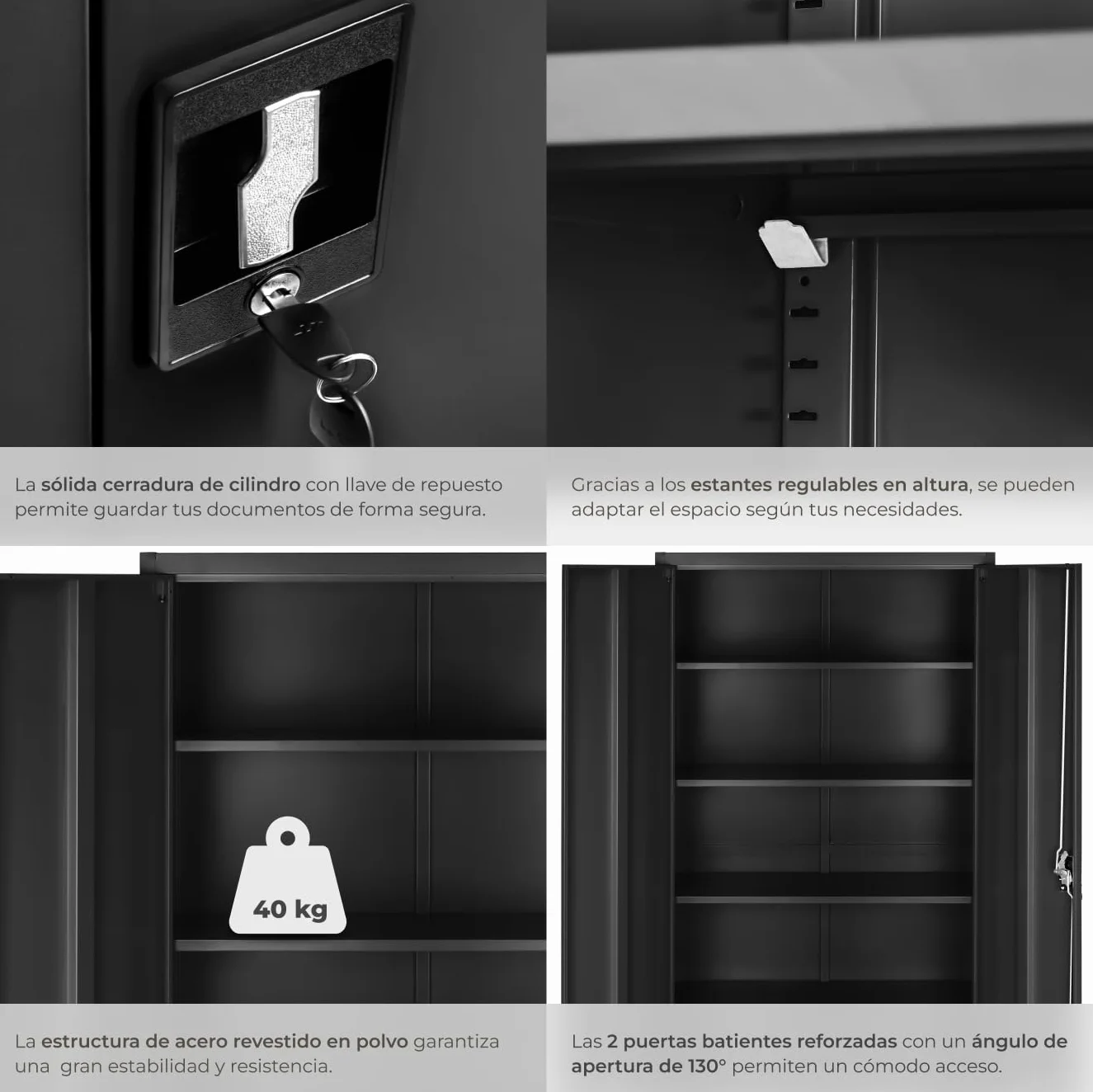 Armario Archivador Oficina Acero 180x80x40 cm Negro con Cerradura 4 Estantes Ajustables