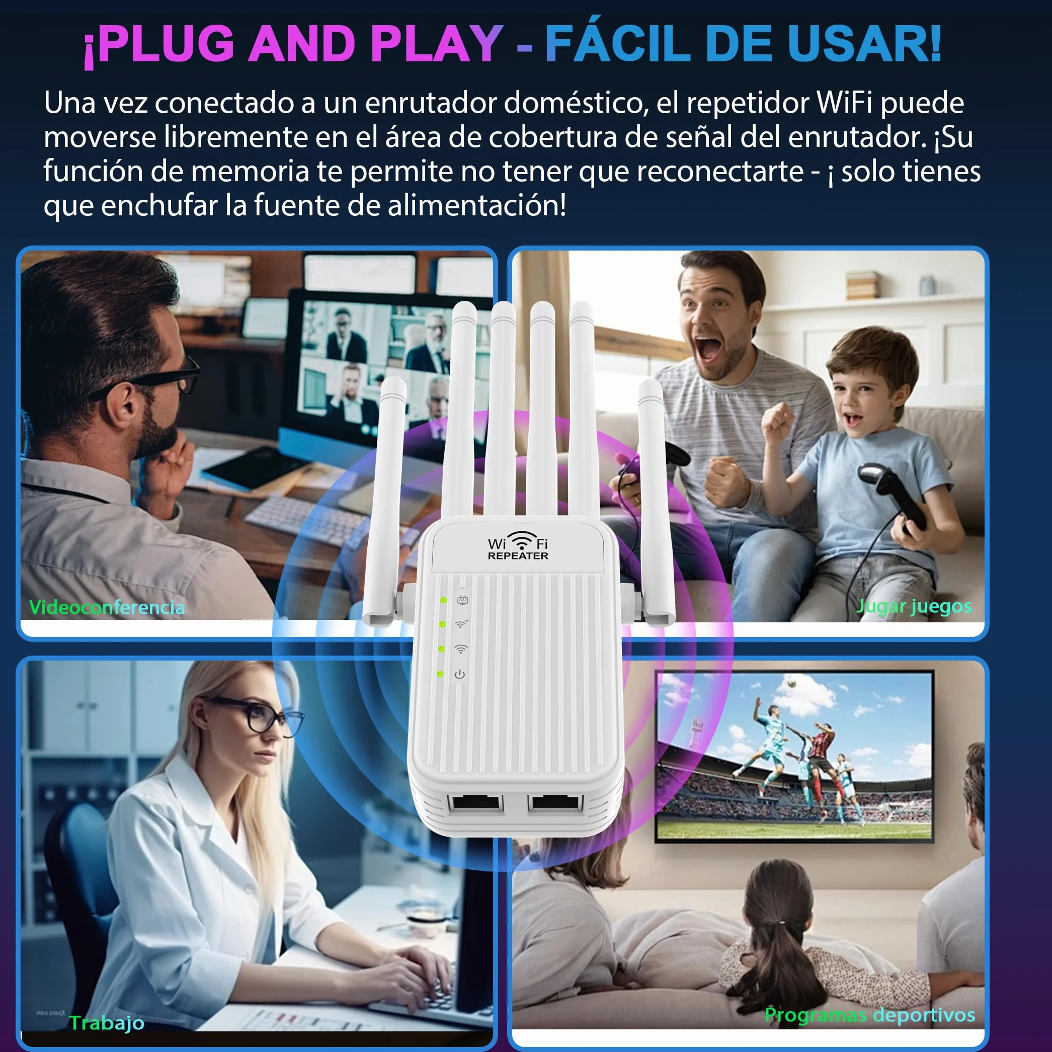 Amplificador Señal WiFi 5G / 2.4G Repetidor WiFi Largo Alcance, WiFi Extender con 6 Antenas de Alta Ganancia,2 Puerto LAN,Extensor de WiFi para casa y Oficina, Fácil de Instalar
