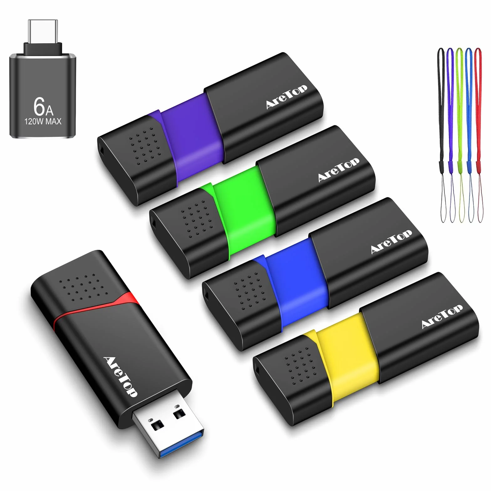 AreTop Memoria USB 3.0, 32 GB, 5 unidades, con 1 adaptador USB-C, 5 colores | USB 3.0 a 100 MB/s, compatible con PC/ordenador portátil/coche/consola de juegos