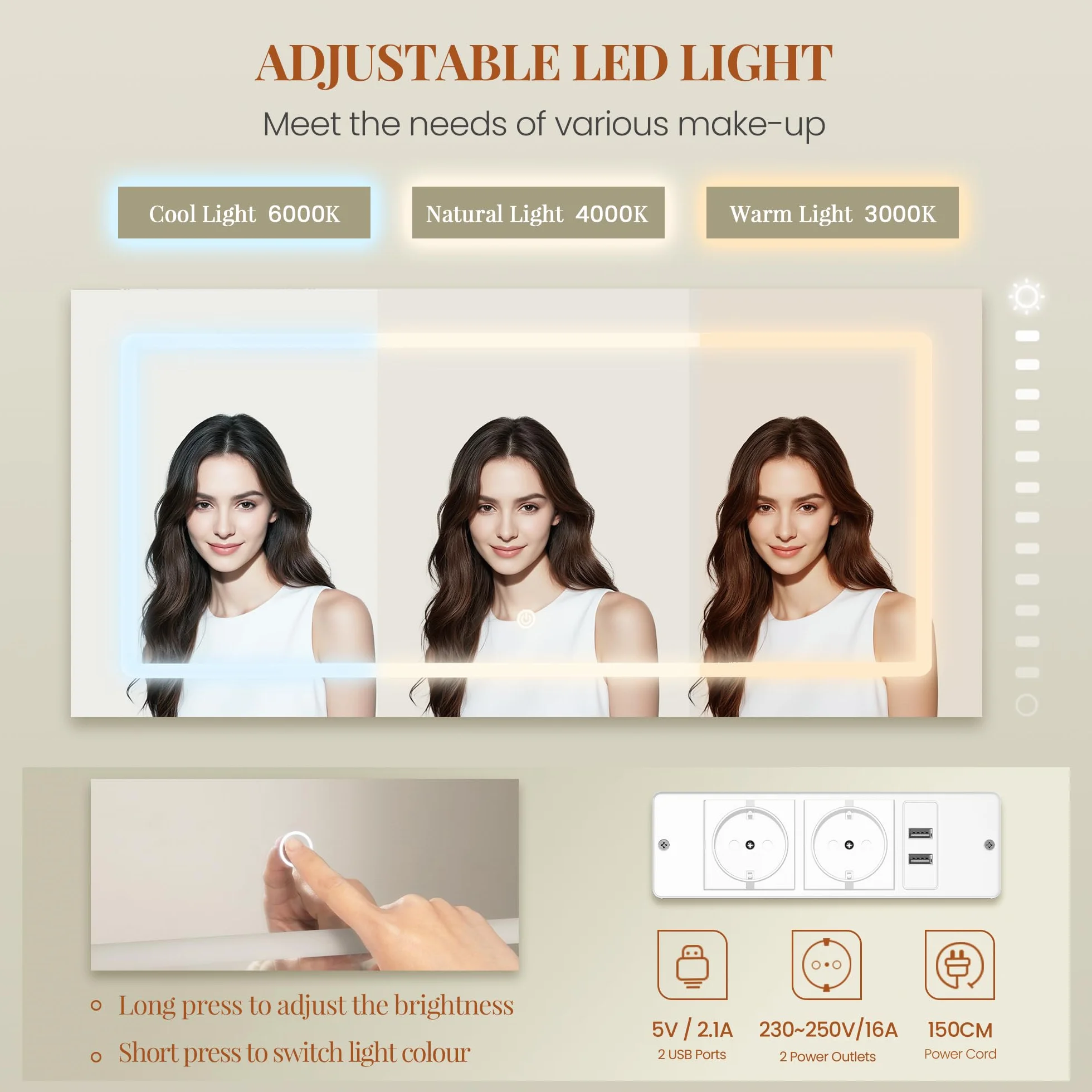 Tocador de Maquillaje con Luz LED, 135 cm, 8 Cajones, Blanco-Dorado