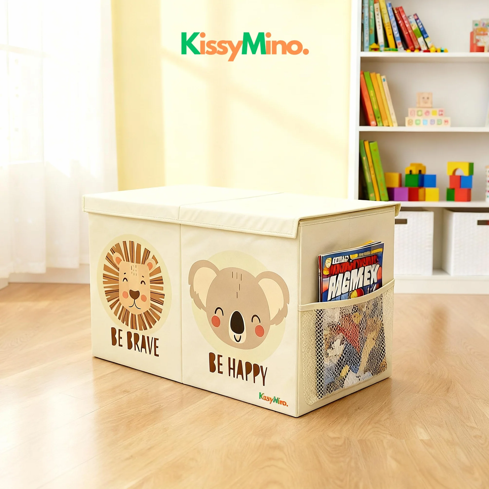 Baúl almacenaje juguetes infantil plegable con tapa, Organizador juguetero (Beige, Mediano)