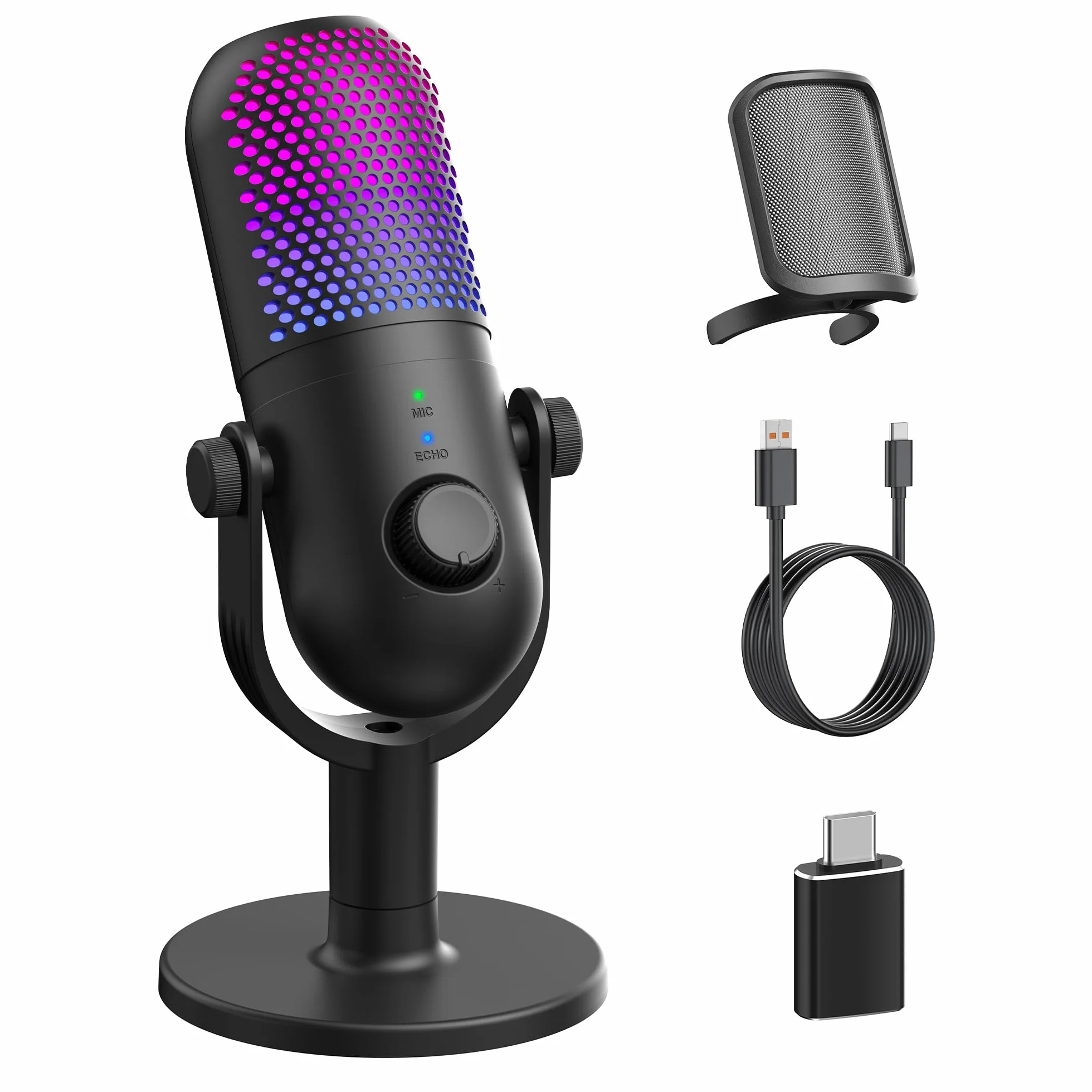 Gaming Microfono PC para PS4: USB Micrófono RGB con Eco - Gaming Micro para Gamer - Micrófono Podcast para Streaming - Accesorios Gaming Mic Con Silencio de Un Botón E Iluminación RGB Ajustable Negro