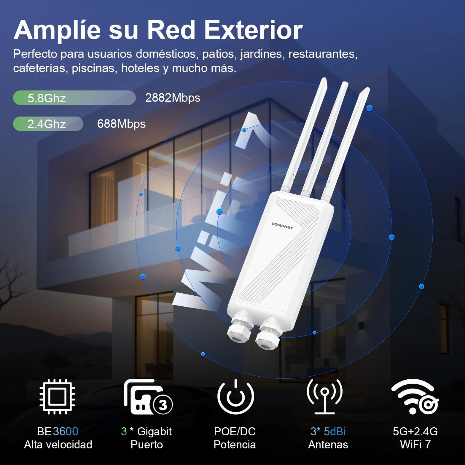 COMFAST BE3600 Amplificador de señal WiFi 7, Punto de Acceso Inalámbrico, Antena WiFi Exterior y Largo Alcance de Alta Potencia, IP66/PoE/3 Antenas para Granjas, Jardines, autocaravanas y campings