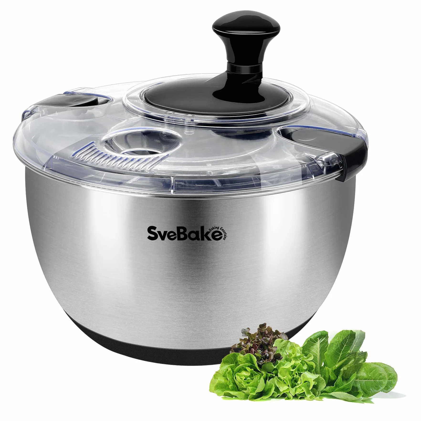 SveBake Centrifugadora Lechuga Acero Inoxidable 18/10, 4.5L Escurridor Verduras con Mango Giratorio Y Base Antideslizante, Escurridor Ensalada Sin BPA