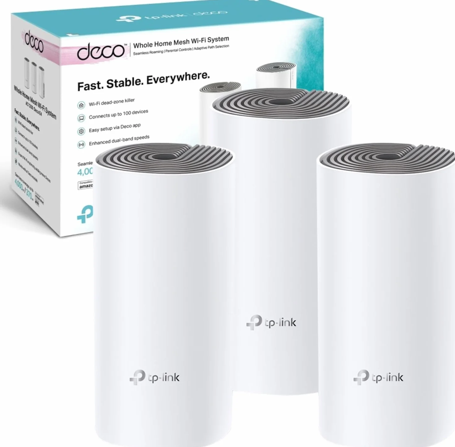 TP-Link Deco E4 (3-Pack) - AC1200 Repetidor de WiFi, Mesh WiFi Inteligente, Doble Banda hasta 350m², 2xPuertos 100/10 Mbps, MU-MIMO, hasta 100 Dispositivos, Adecuado para Xiaomi Mi Box