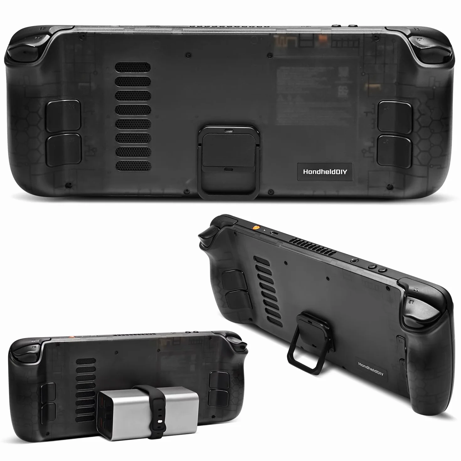 Modcase de refrigeración para Steam Deck LCD/OLED, accesorios de placa trasera translúcida con soporte plegable, carcasa de gestión del calor, fácil instalación con herramientas (negro)