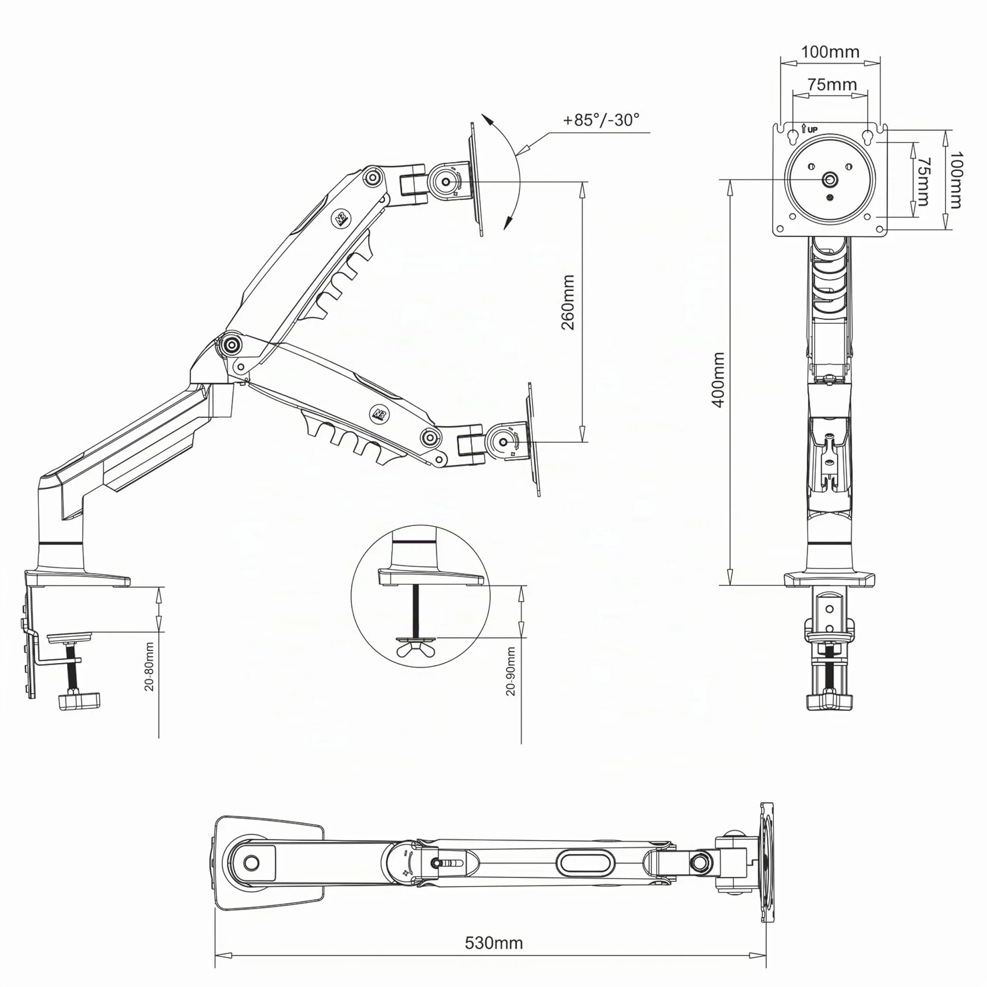 Soporte de Escritorio con Resorte de Gas para Pantallas LCD de 17″-32″, Blanco, VESA 75 mm y 100 mm, rotación de 360°, para un Peso de 2 a 9 kg