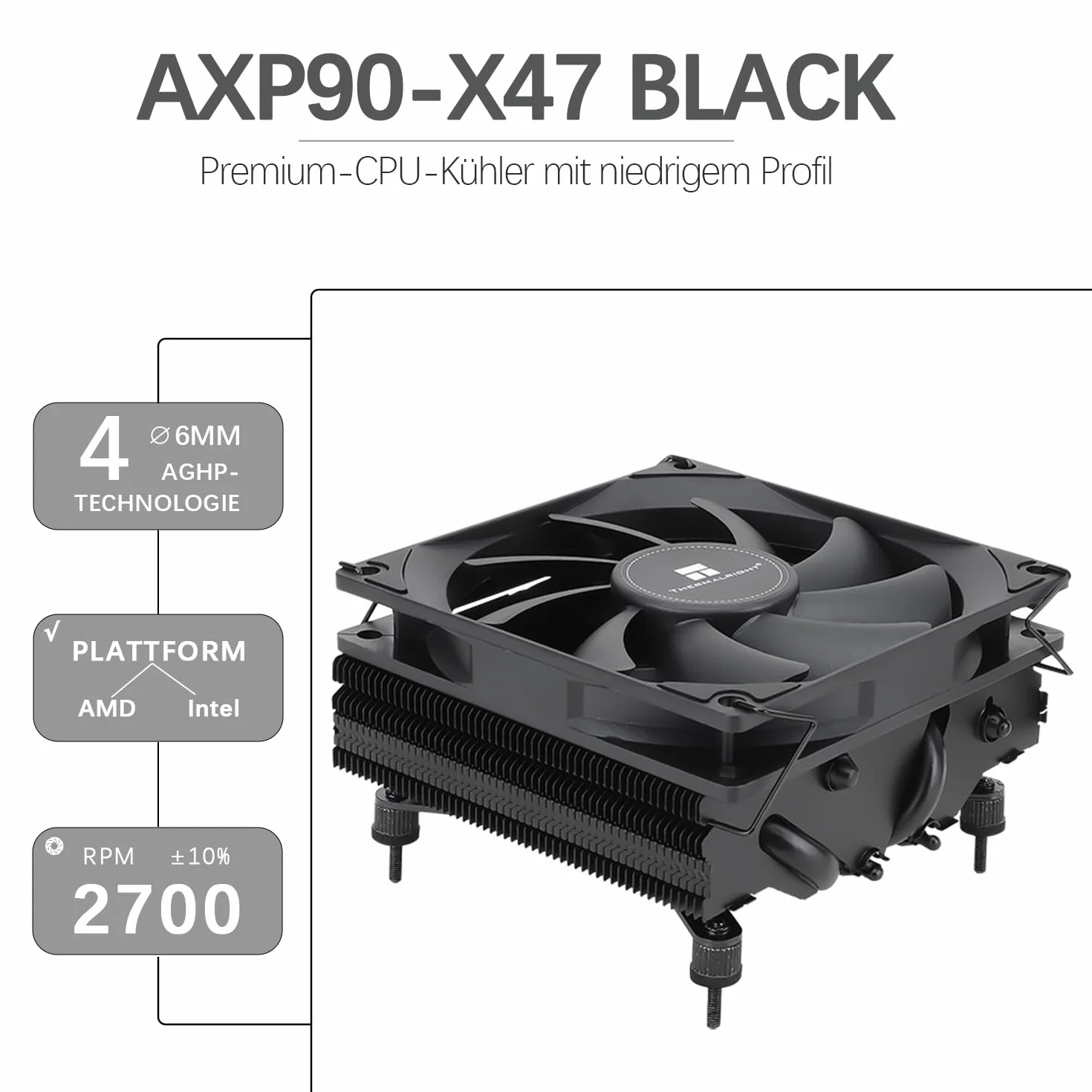 TR-Thermalright AXP90 X47 Negro Enfriador de CPU - 4 tubos de calor, ventilador silencioso de 92 mm de perfil bajo, 2700 rpm, para AMD AM4/AM5, Intel LGA1851/1700/115x/1200, enfriador para PC