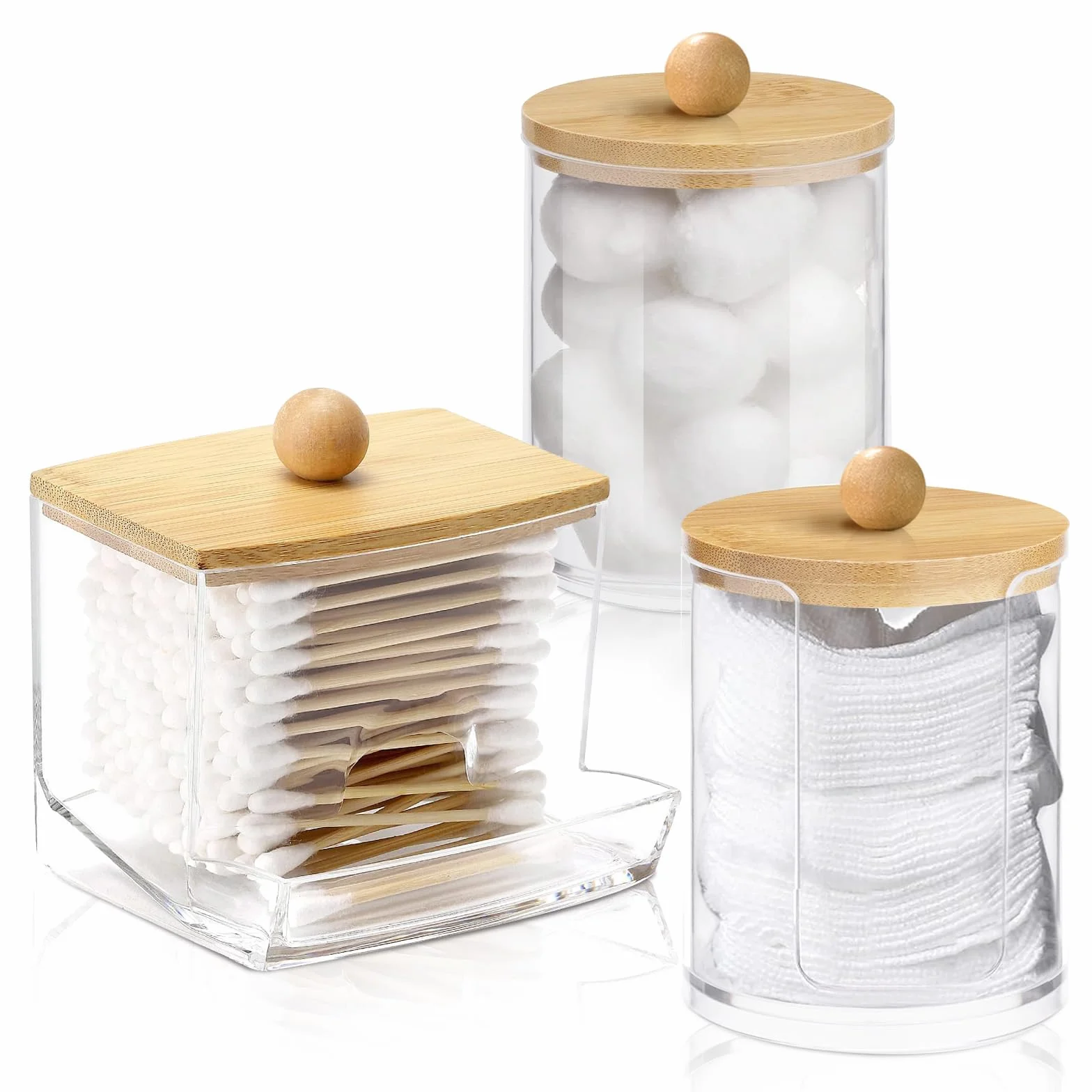3 Piezas Dispensador de Algodón,Organizador de Almohadillas de Maquillaje,Contenedor de Hisopos de Algodón de Acrílico con Bambú Tapas,Organizador Baño para Cosméticos Hisopos (3)