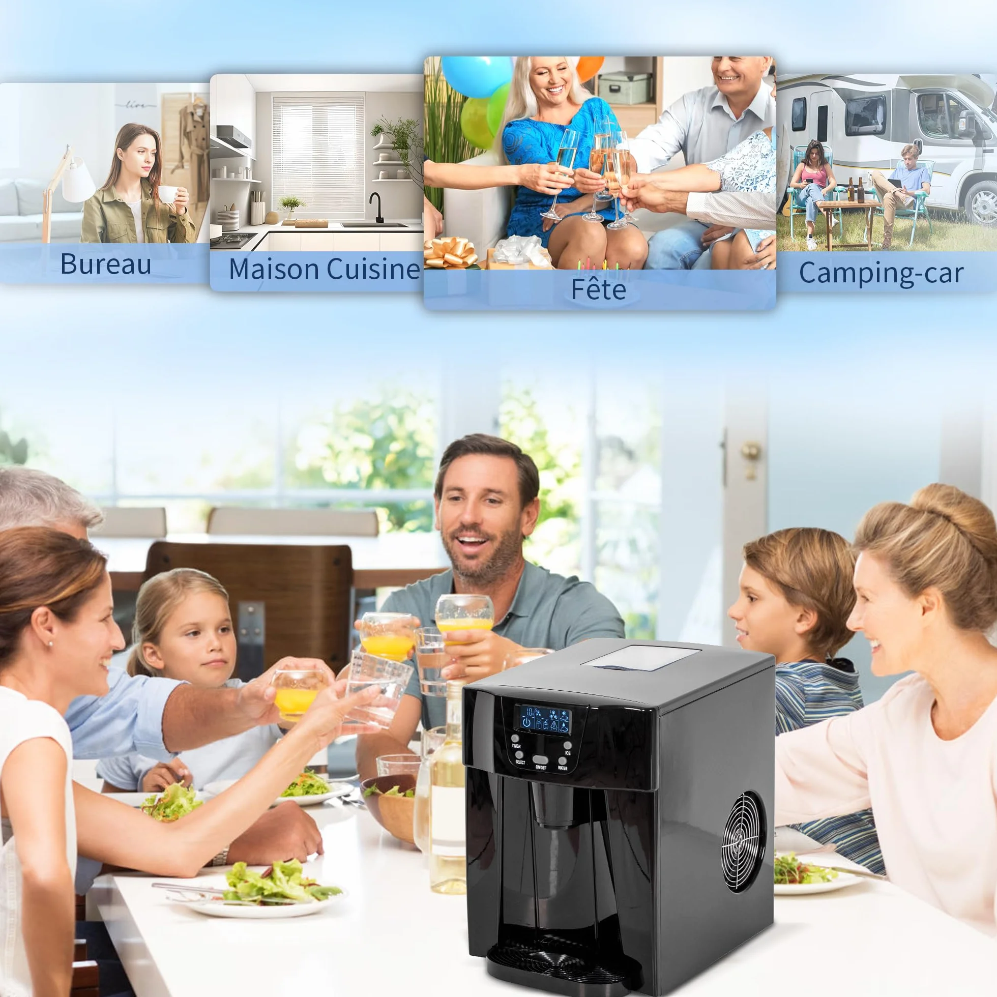 HOMCOM Máquina de cubitos de hielo portátil, 12 kg/24h, 9 cubitos en 6-10 min, tamaño ajustable, temporizador, depósito 3L