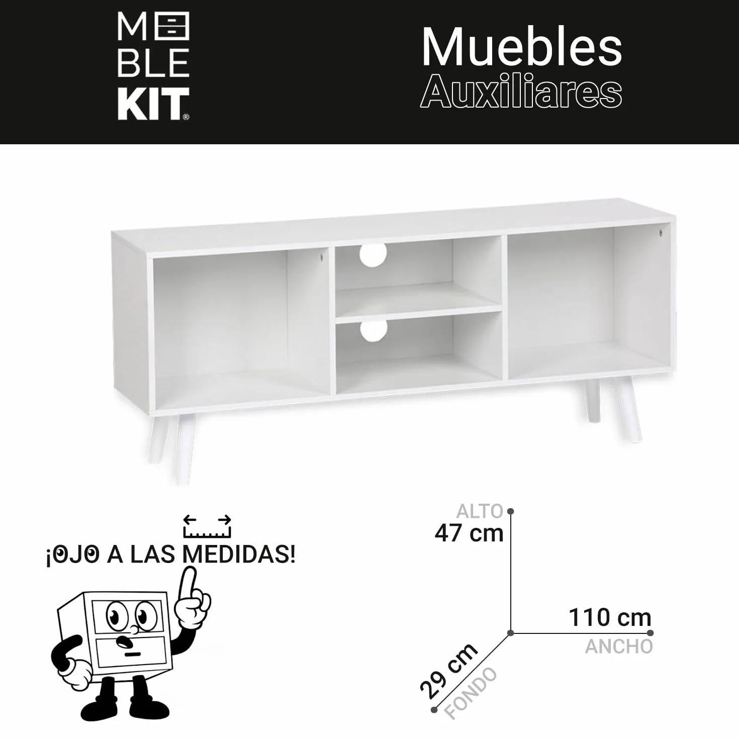 Mueble Auxiliar 4 Compartimentos 110x29x47 cm Blanco de Madera con Estantes, Estantería Moderna para Salón