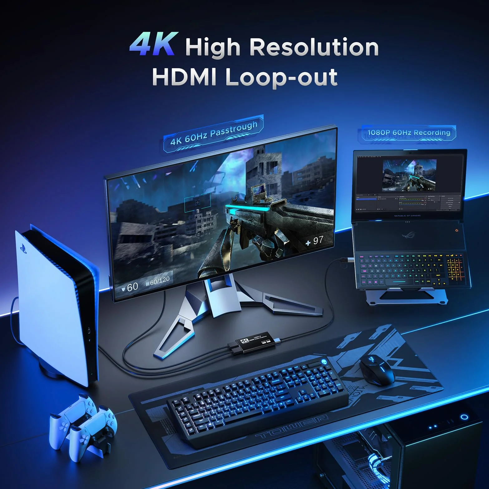 XIIXMASK Tarjeta de Captura de Video, Tarjeta de Captura USB 3.0 con Bucle HDMI, Captura de Videojuegos 1080P 60FPS Compatible con PS5/Cámara/PC