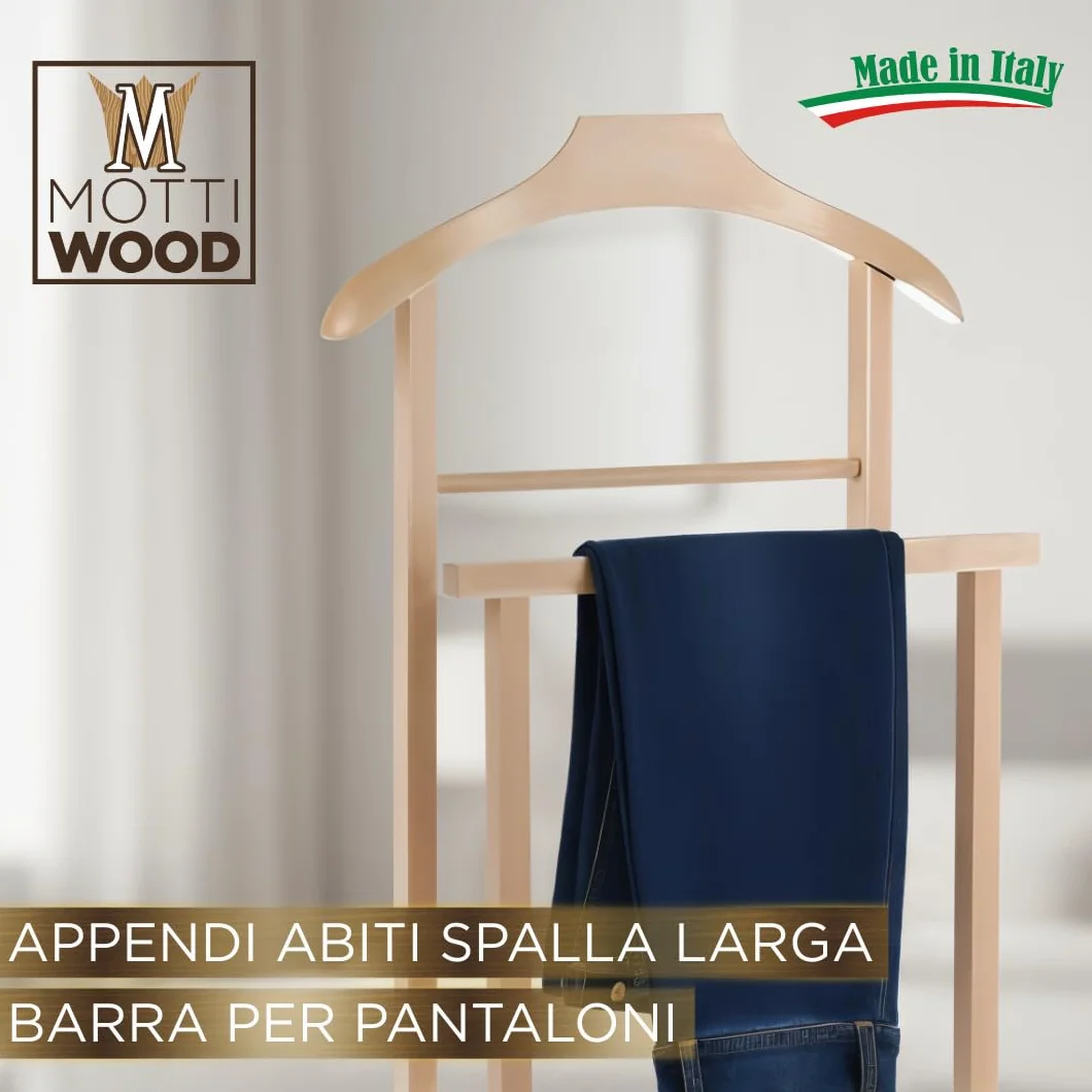 Galán de noche perchero dormitorio madera haya natural Servo Mudo doble 4 ruedas fabricado Italia