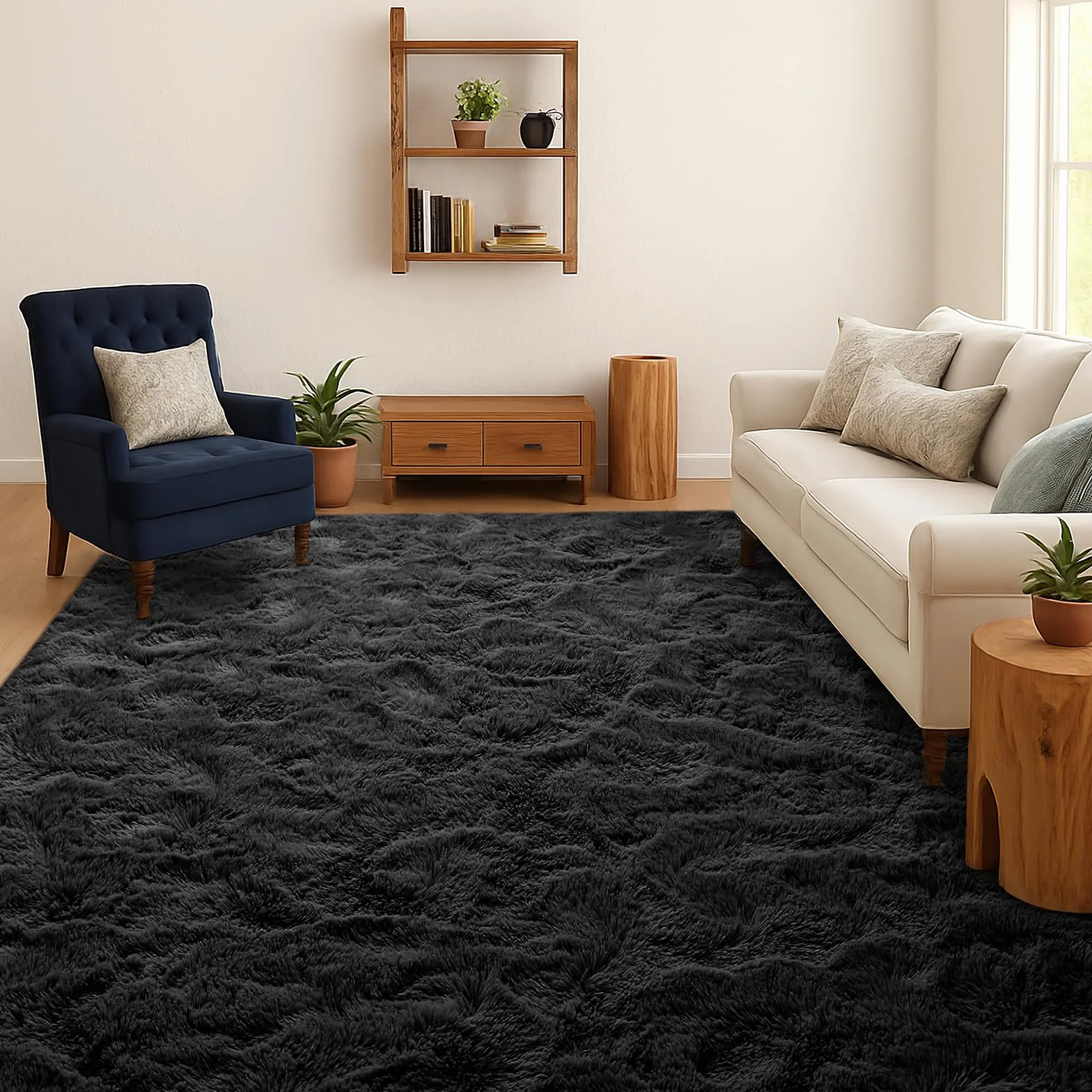 SOANNY Alfombra de Pelo Largo para Salón, Lavable Antideslizante y Suave, Diseño Sólido Shaggy para Dormitorio y Habitación Infantil, Tapete para Cama, 120x180 cm, Negro