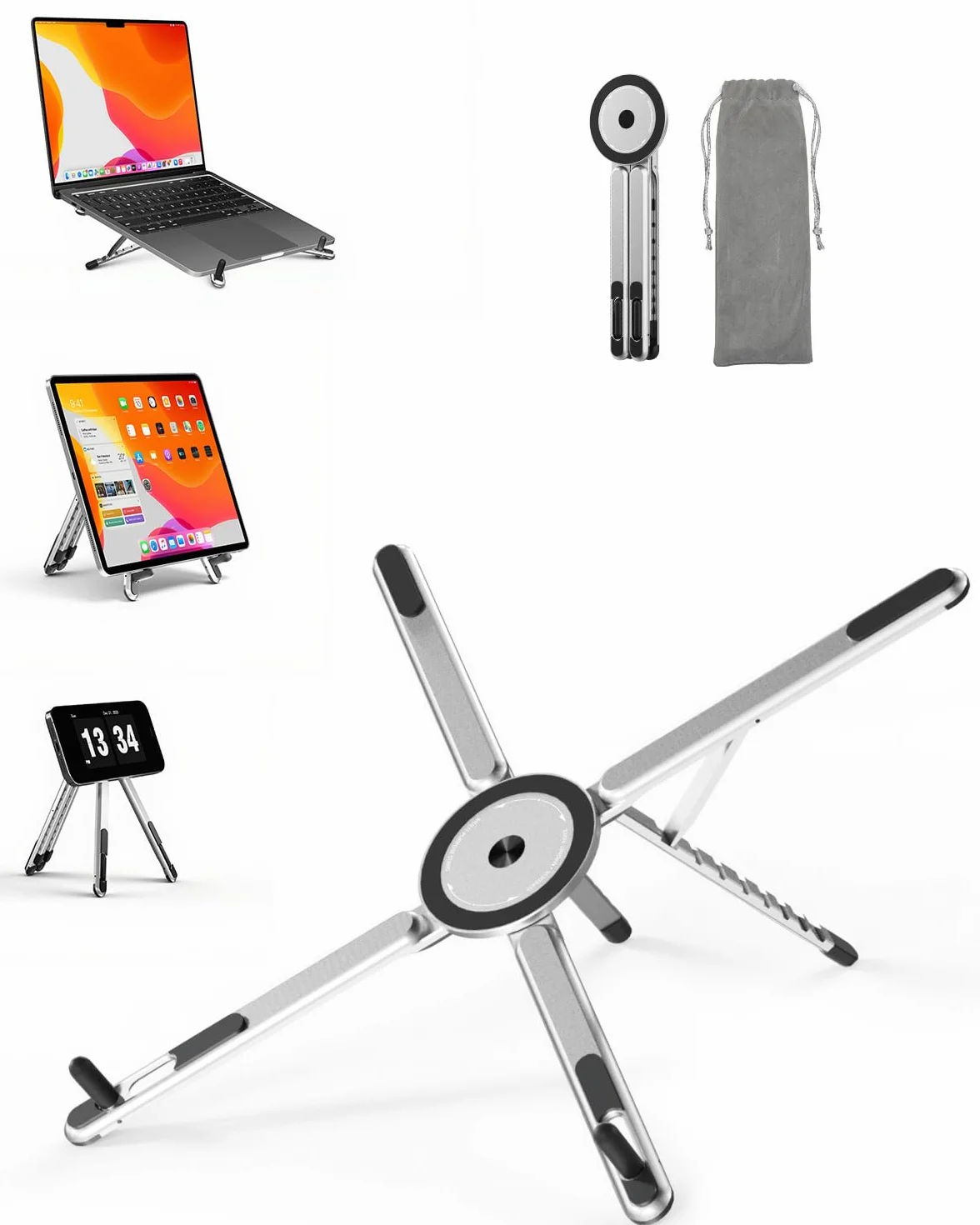 SupeDesk Soporte plegable para portátil 3 en 1 ajustable en altura y ángulo, de aleación de aluminio, soporte para portátil ventilado, soporte ergonómico para portátil de 4 a 16 pulgadas, magnético