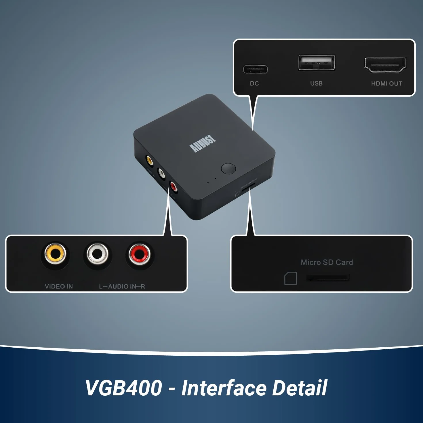 August VGB400 Tarjeta capturadora de vídeo sin PC, Cable RCA para conversión de VHS a Digital, Hi8, Videocámara - Salida a HDMI, grabación en Micro SD o USB Máx. 64 GB - Negro