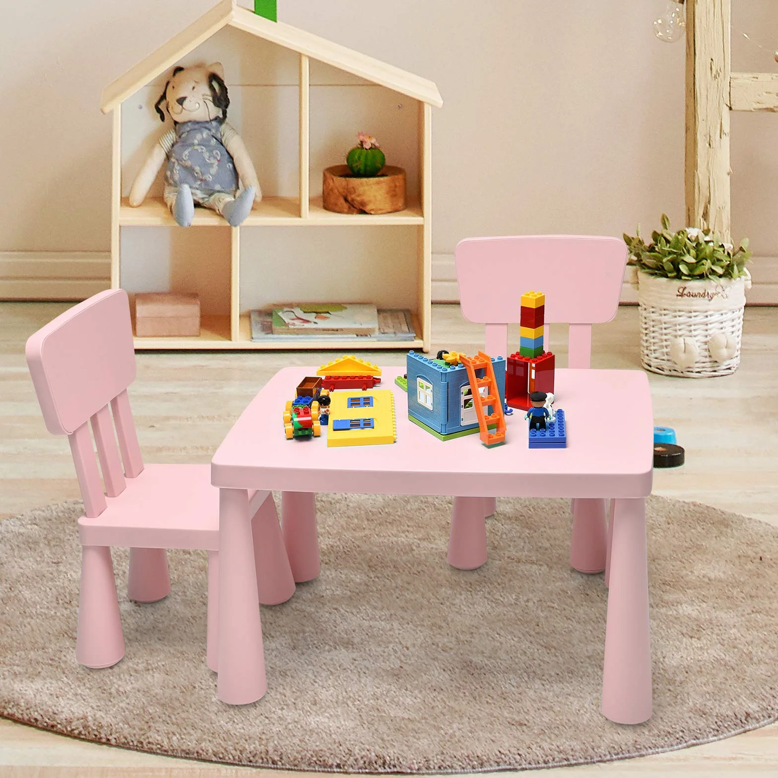 COSTWAY Juego de Mesa y 2 Sillas de Plástico para Niños Rosa