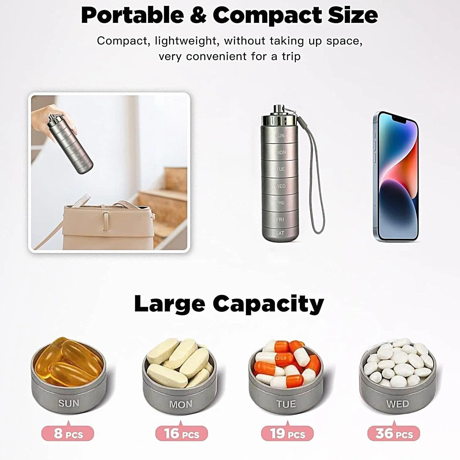 Metal Travel Pill Organizer 14.5x4.5cm Aluminum 7-Day Pillbox Waterproof Large Capacity Weekly Pill Organizer