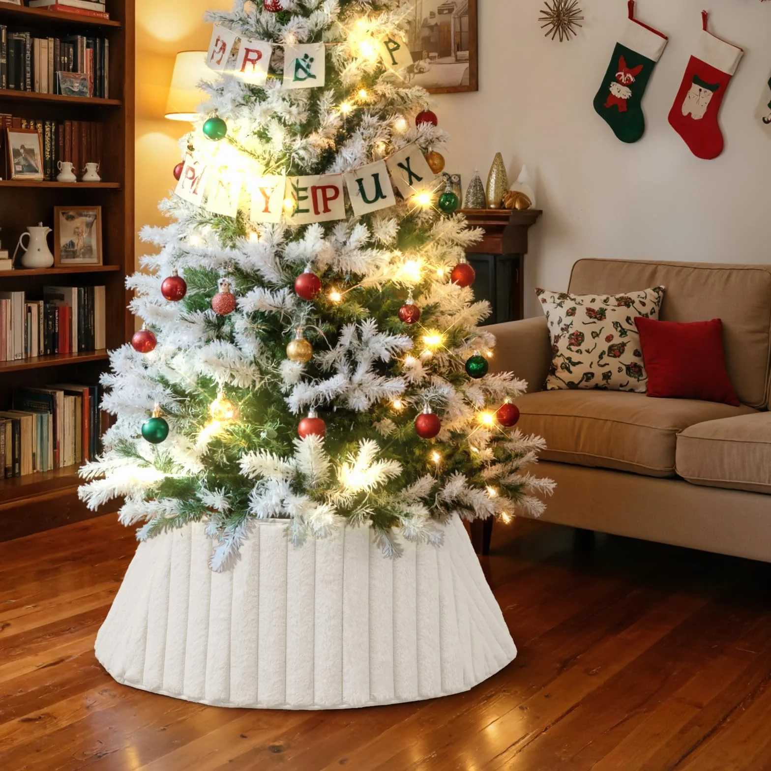Collar de Árbol de Navidad 60cm Piel Sintética Falda Cubre Base Alfombra Decoración Navideña Interior Blanco