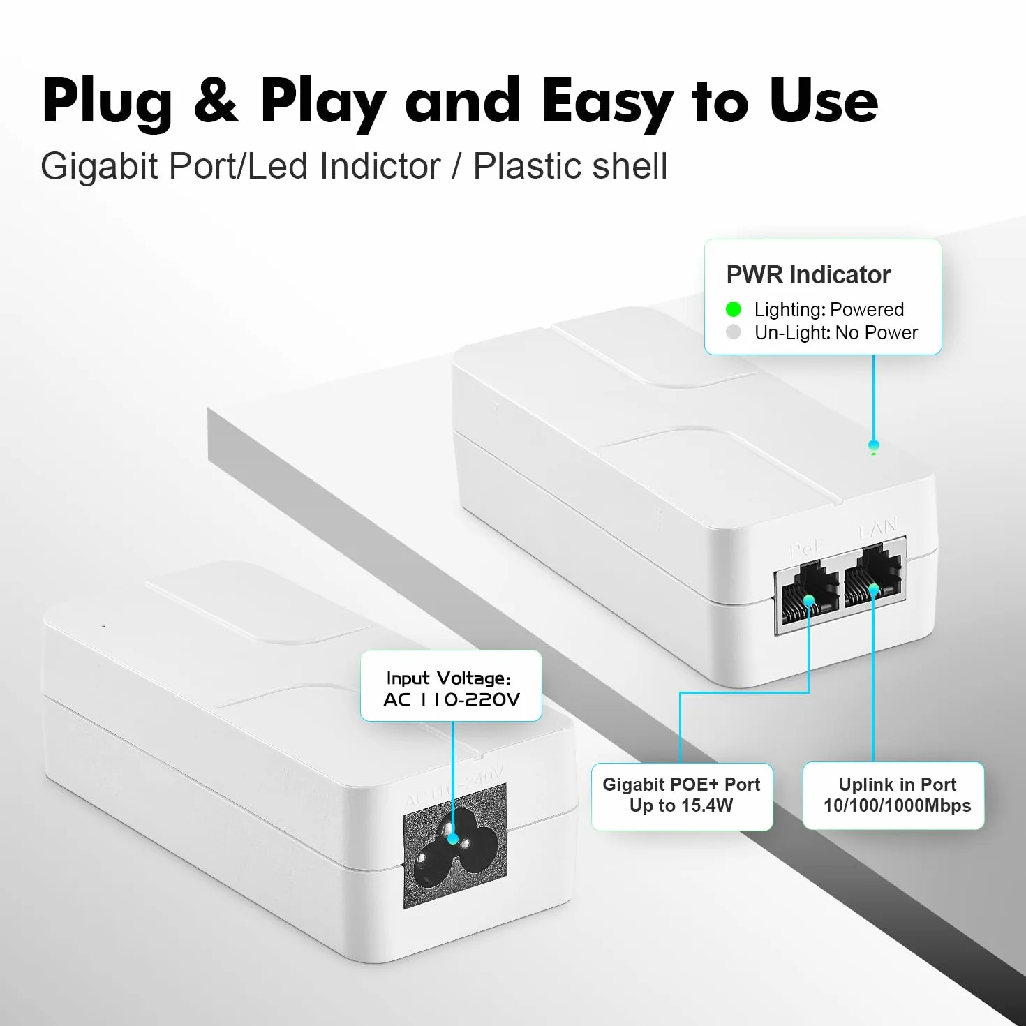 Inyector Gigabit PoE de 15,4 W, Compatible con IEEE 802.3af, Adaptador Compacto Power Over Ethernet Blanco YuLinca, Plug and Play, diseño sin Ventilador para Montaje en Pared con indicador LED