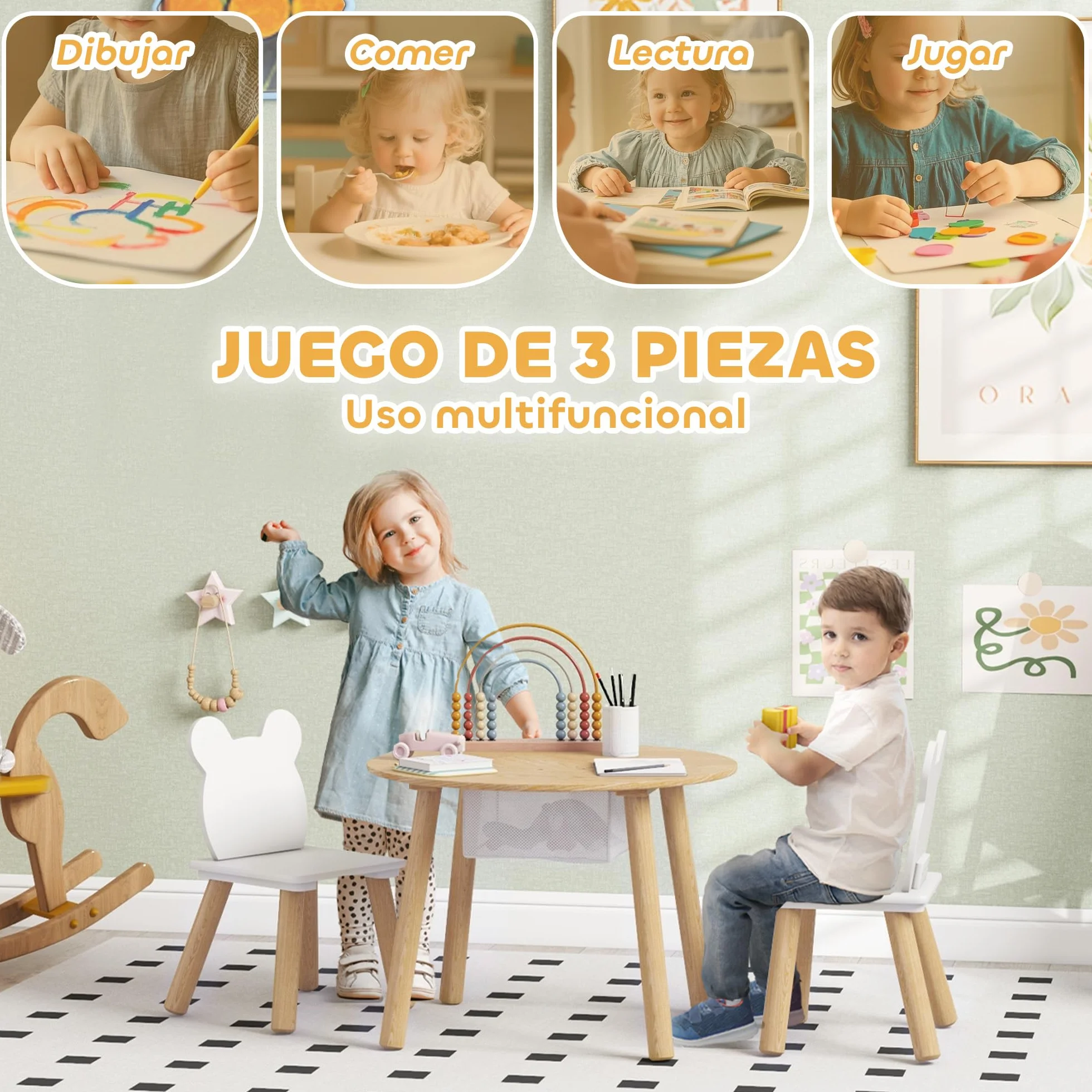 AIYAPLAY Mesa y Sillas Infantiles de 3 Piezas con Almacenaje para Niños 3-6 Años Guardería Sala de Juegos Natural