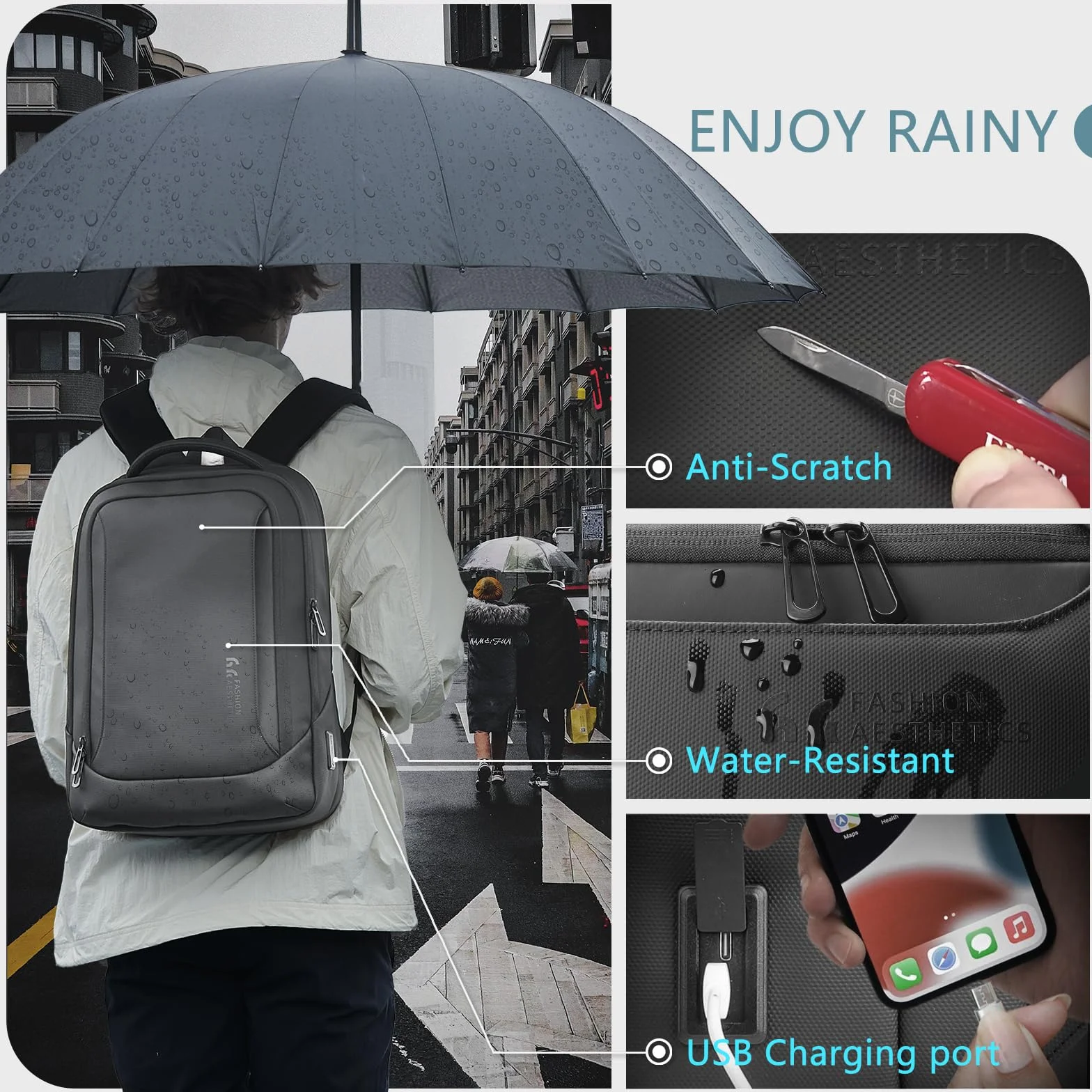 Mochila para Hombre Portátil con Puerto USB-C y USB-A, Gran Capacidad 24-28L, Resistente al Agua, Antirrobo, Ligera y Ergonómica para Trabajo