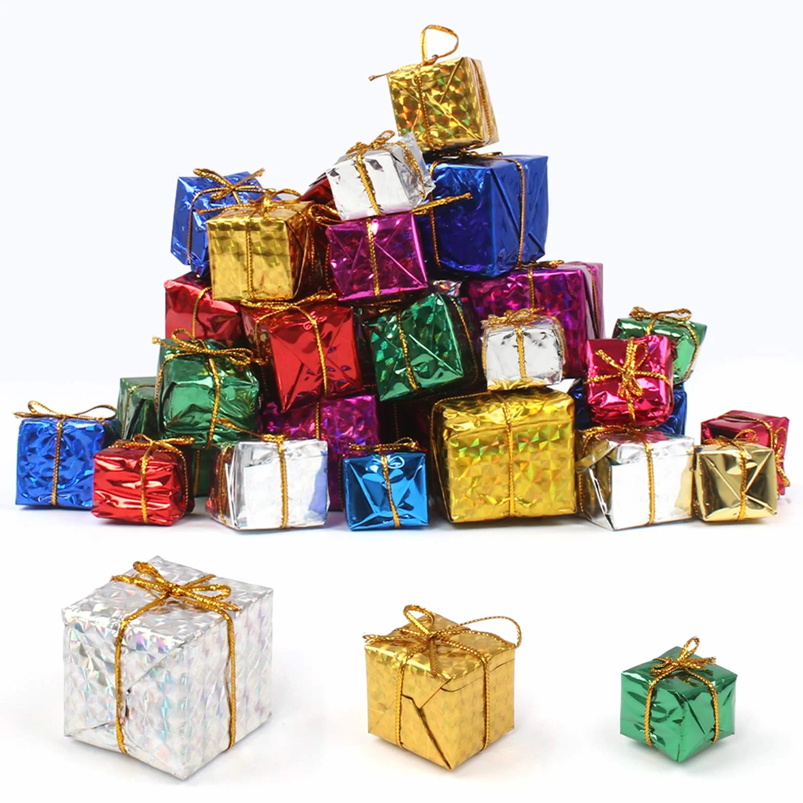 Dadabig 60Pcs Cajas de Regalo Pequeñas para Árbol de Navidad Decoración de Árbol, Colgantes de Navidad para Decorar Corona de Navidad Macetas Ventanas y Puertas (Colores Brillantes, 2.5cm,3cm,4cm)