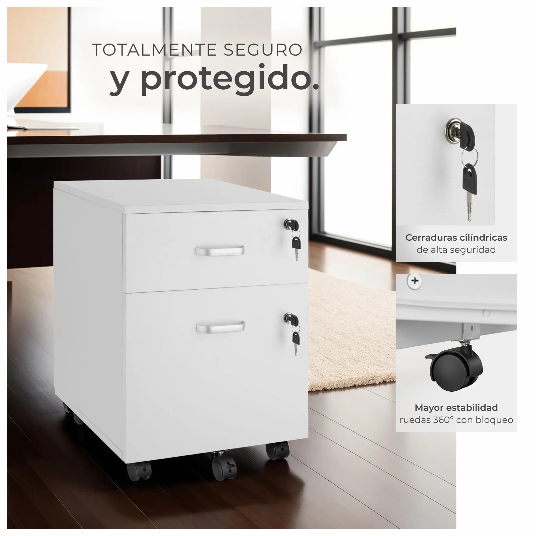 Cajonera con Ruedas Blanco, Armario Escritorio con 2 Cajones y Cerradura para Oficina