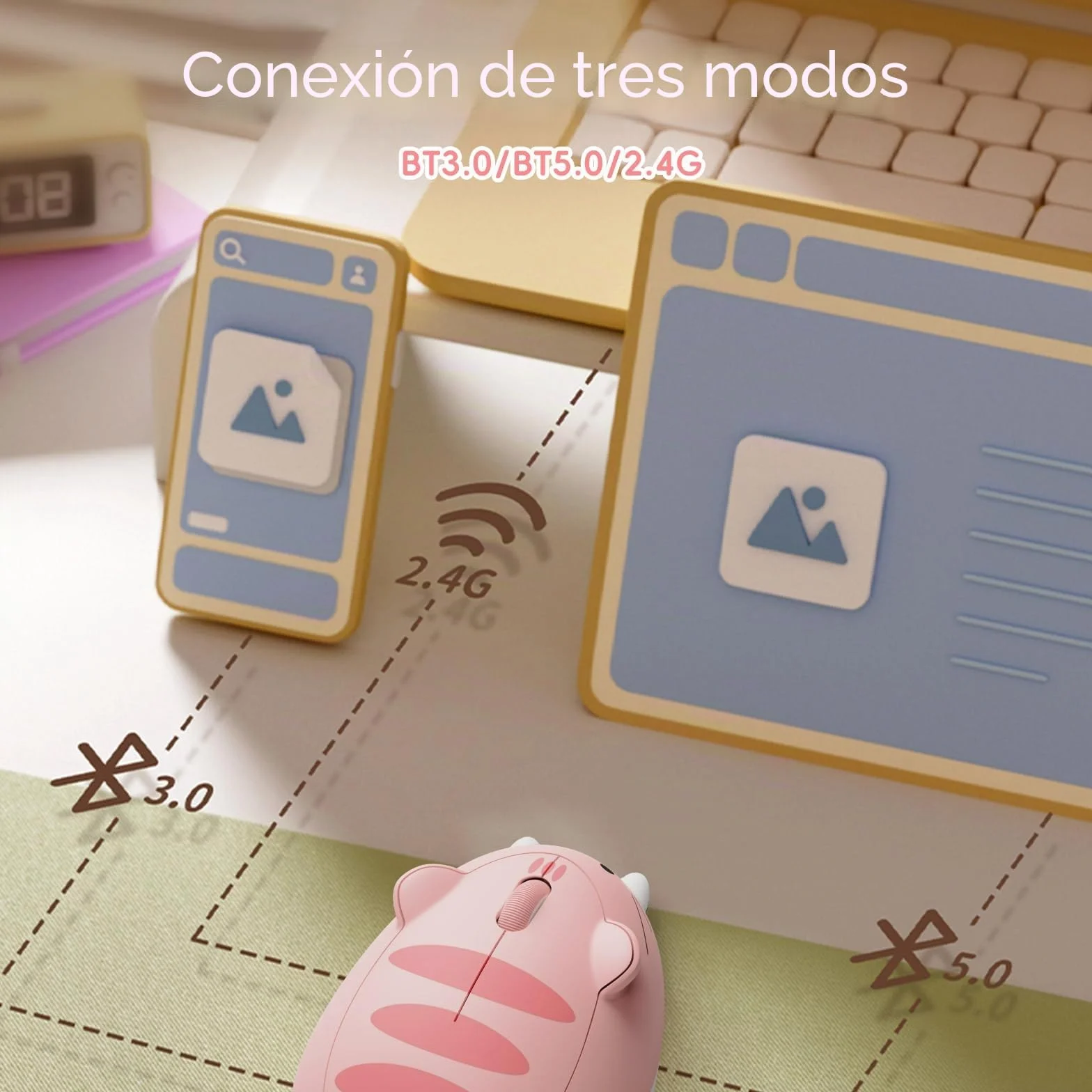 Akko Ratón Inalámbrico Gato Rosa Bluetooth Clic Silencioso Tri-Mode 3200 dpi | Lindo ratón gato, clic silencioso, Bluetooth 3.0/5.0 y receptor inalámbrico USB-A para ordenador portátil y escritorio
