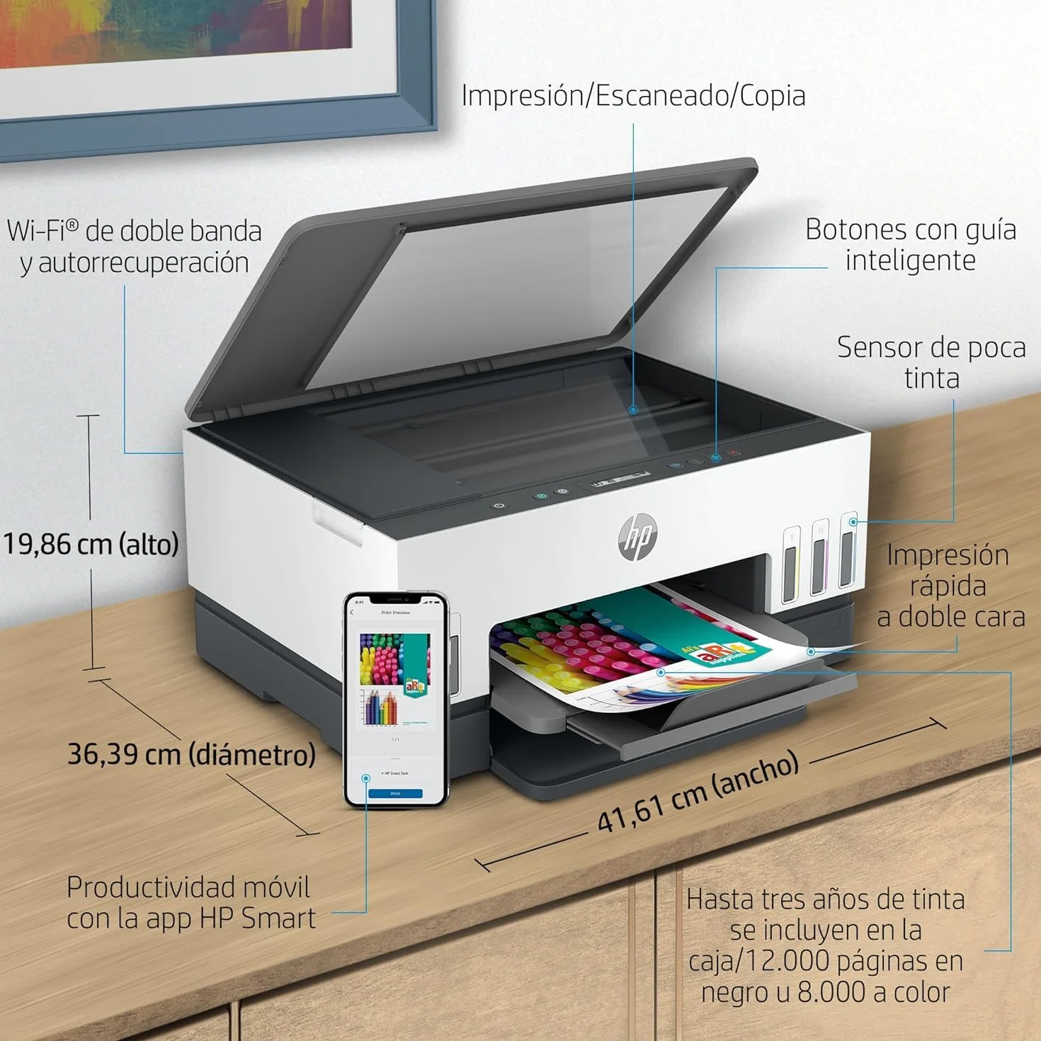 HP Smart Tank 6005, Impresora A4 Multifunción a Color, Inyección de Tinta, Wi-Fi de Doble Banda, Impresión automática a Doble Cara, Escáner, Copiadora, Smart App, Tinta incluida hasta 3 años