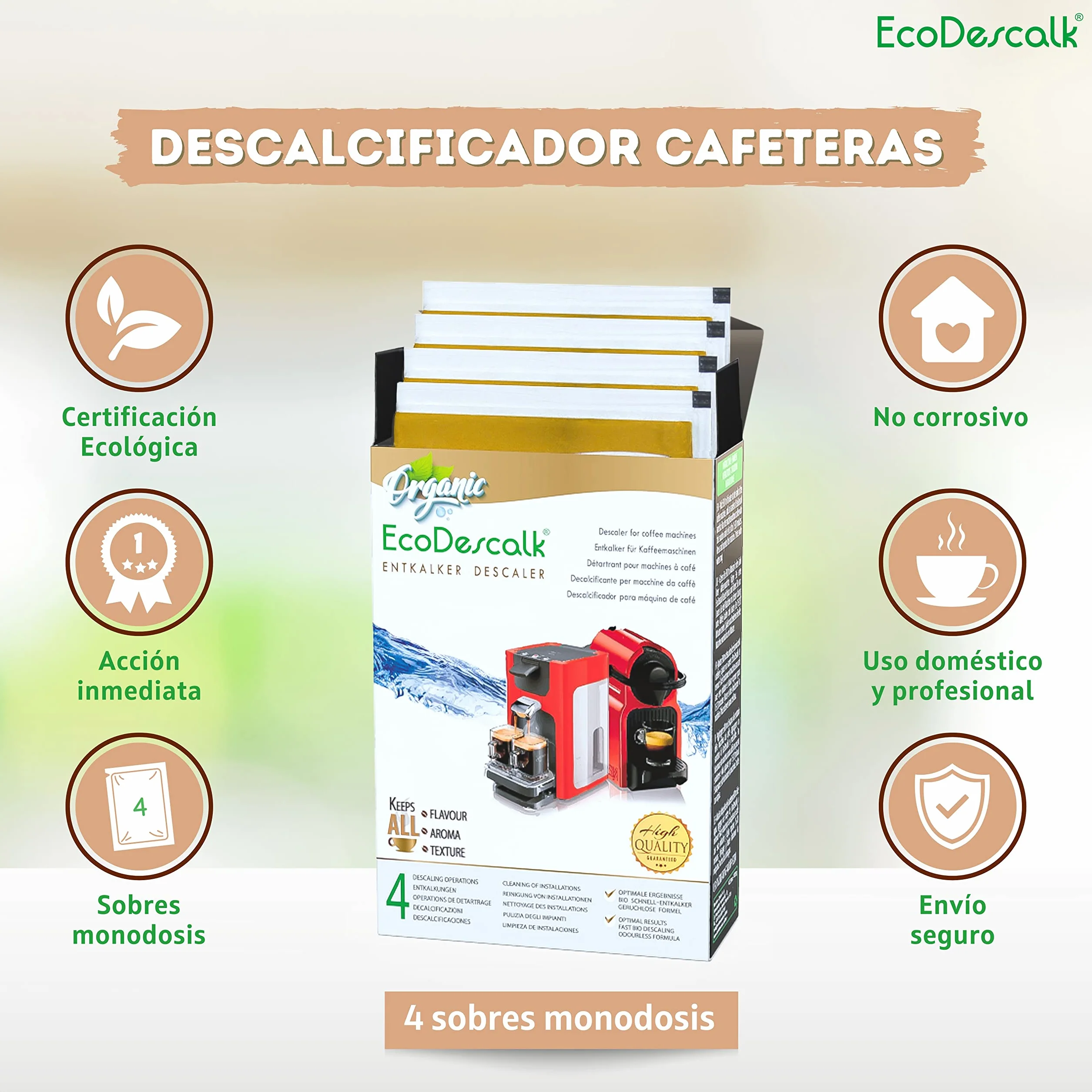 EcoDescalk Descalcificador Cafetera Ecológico 4 Sobres Compatible Nespresso Dolce Gusto Delonghi Tassimo