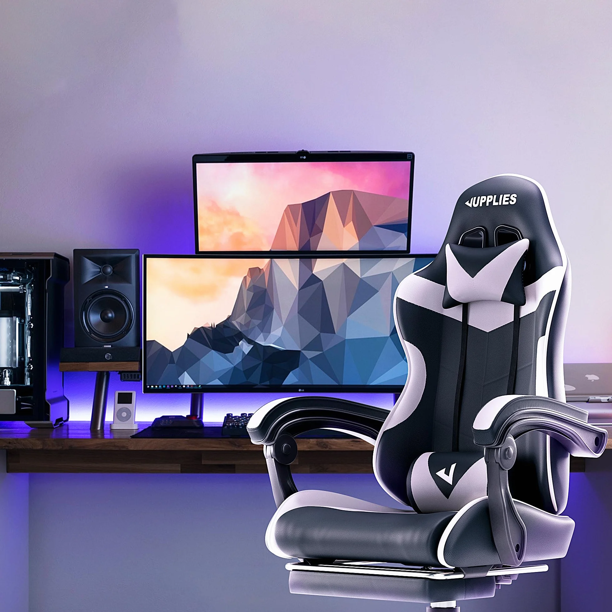 Silla Gaming Profesional con Masajeador - Silla de Oficina Ergonómica con Reposapiés, Altura Regulable y Respaldo Abatible - Silla Gamer para Juegos