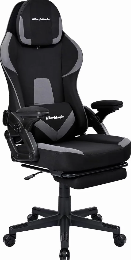 Silla Gamer Ergonómica de Tela Transpirable y Antimanchas, Reposabrazos Abatibles, con Reposapiés, Altura Regulable, Respaldo Abatible (Negro/Gris)