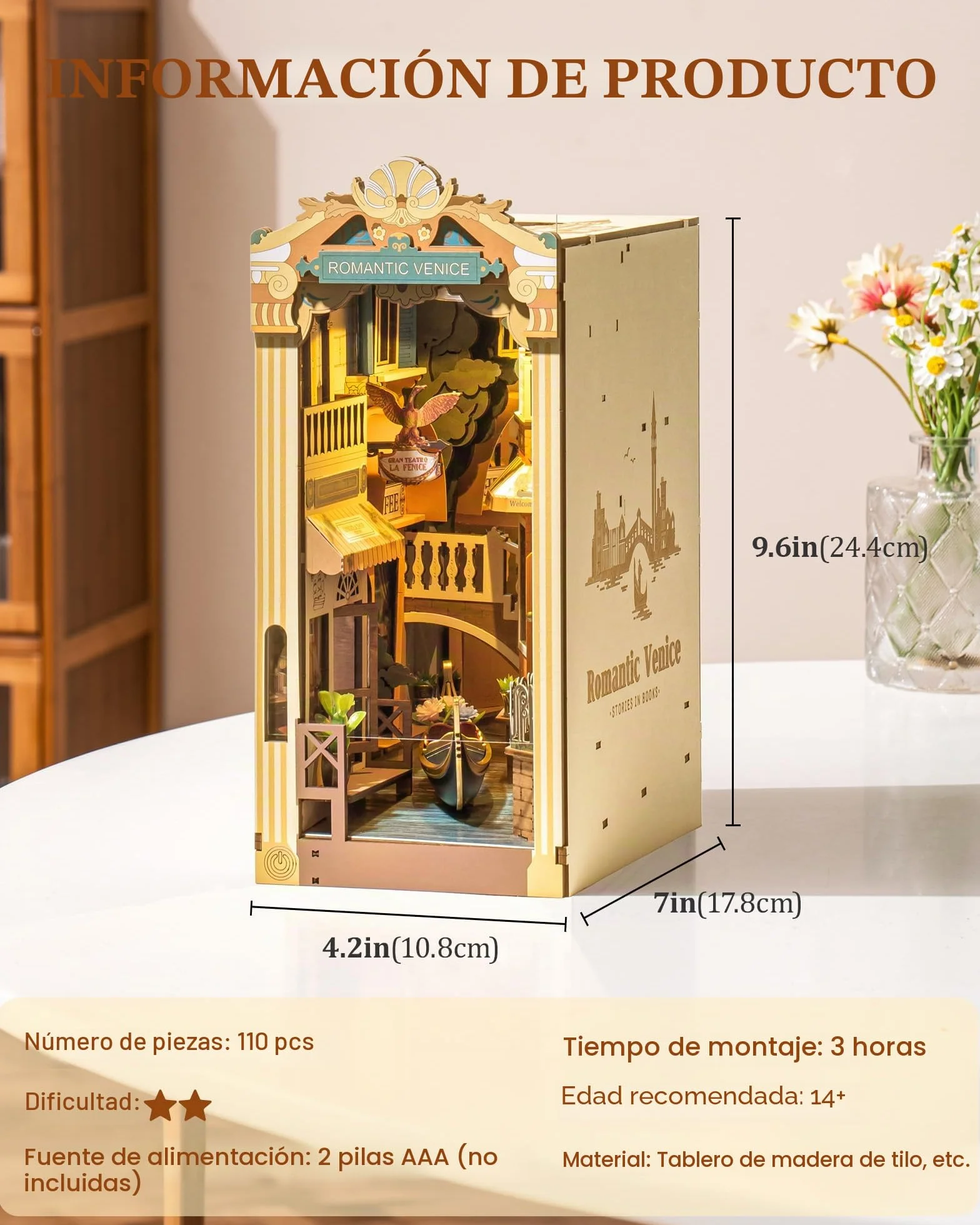 ROBOTIME Book Nook Kit Venecia Romántica - Casa de Muñecas en Miniatura de Madera con Luces LED