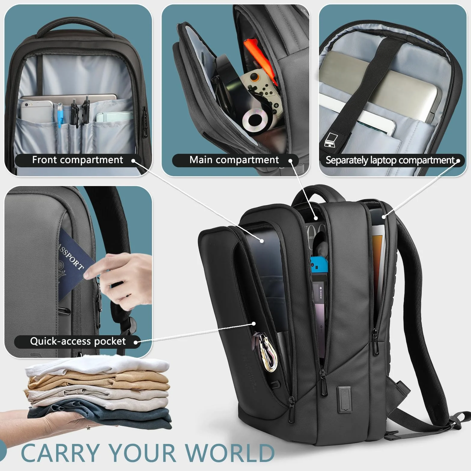 Mochila para Hombre Portátil con Puerto USB-C y USB-A, Gran Capacidad 24-28L, Resistente al Agua, Antirrobo, Ligera y Ergonómica para Trabajo