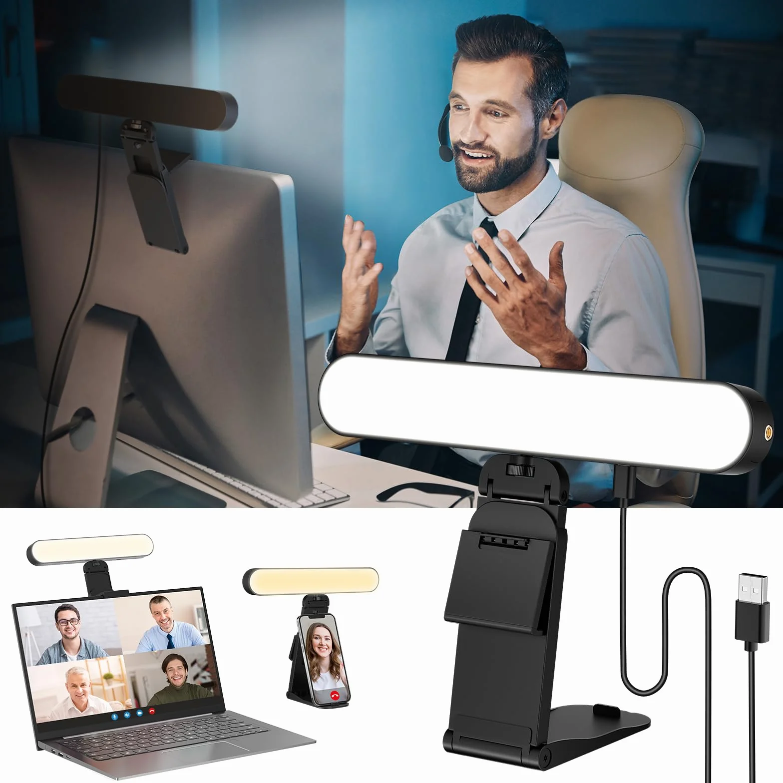 RealPlus Luz Monitor con Soporte Multifuncional, Control Remoto de 3 Luces y 10 Brillos, Iluminación de Videoconferencia para PC/Portátil/Teléfono Móvil/Reuniones Zoom/Oficina/Tiktok/Streaming/Regalo