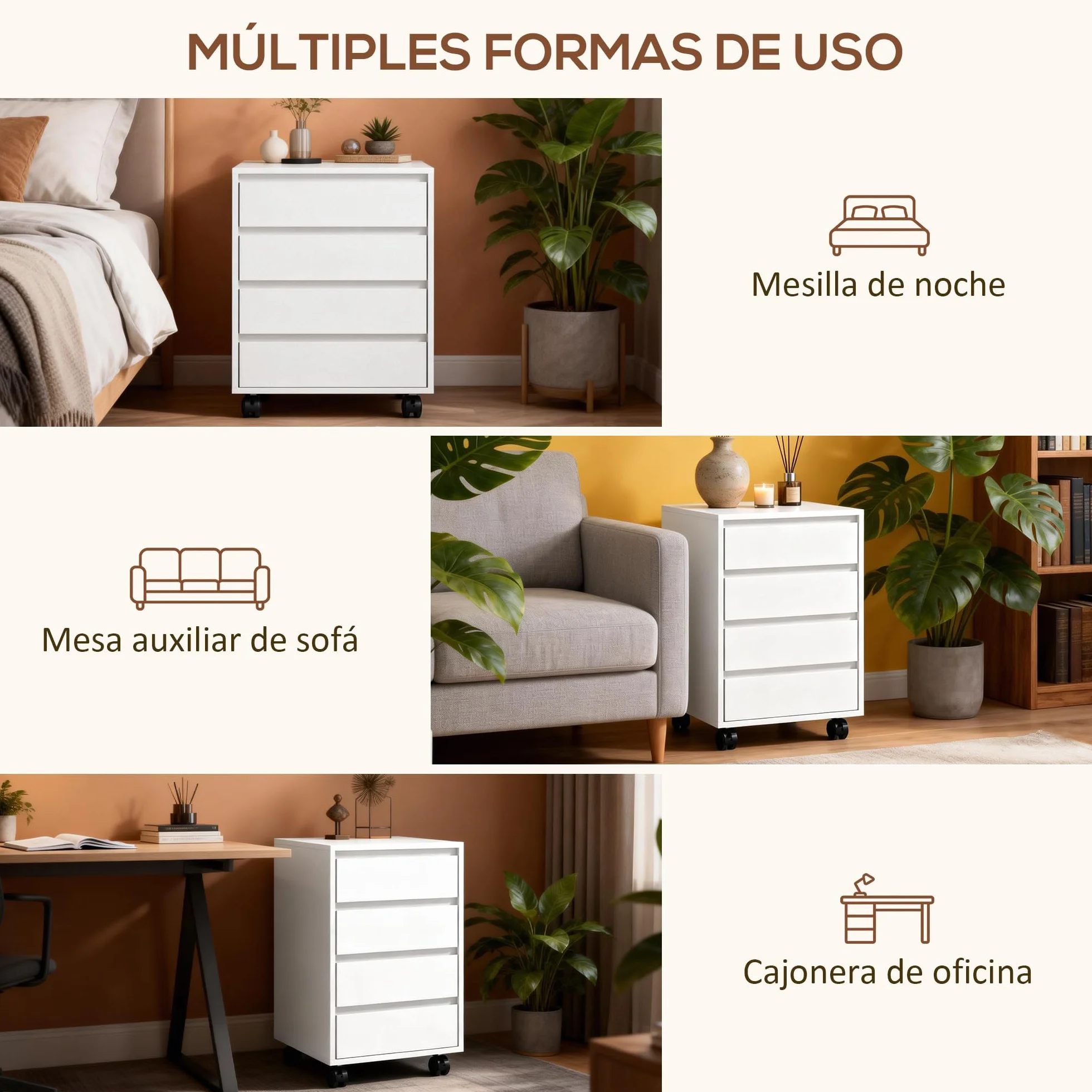 HOMCOM Cajonera de Oficina 4 Cajones con Ruedas Archivador Móvil 46x40x65 cm Blanco