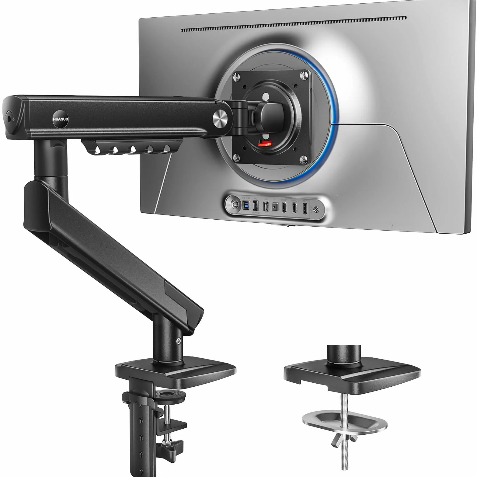 HUANUO Soporte Monitor para Pantallas de 13 a 32", Brazo Monitor MechaSpring con Inclinación/Giro/Rotación, FlowLift Pro Montaje VESA sin Herramientas, Montaje por Mordaza-C u Ojal, Carga Máx. 9 KG