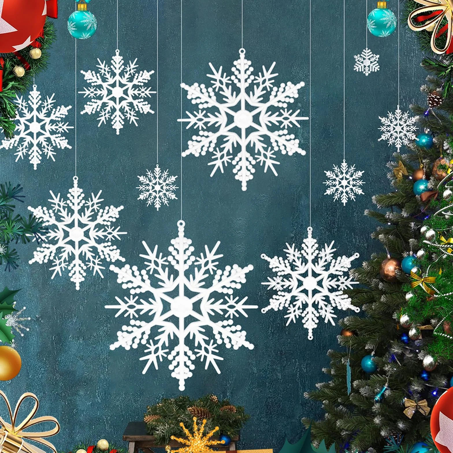 Copos De Nieve Decoracion, 24 Piezas Blanco Brillante Adorno Colgante Arbol Navidad Fiesta Invierno