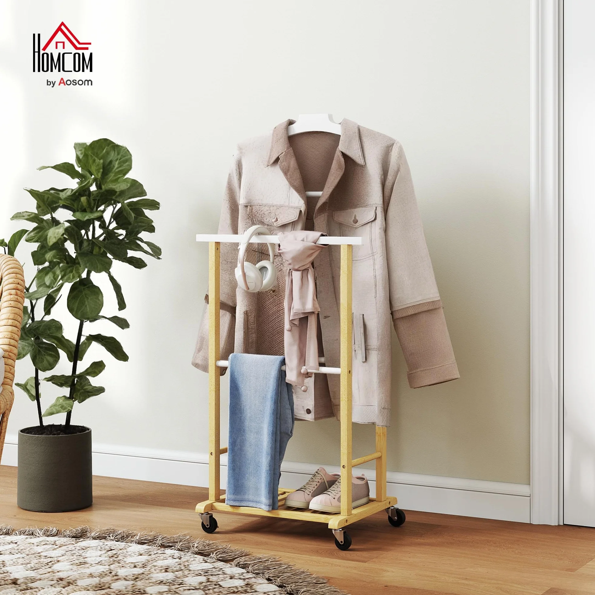 HOMCOM Perchero con Ruedas de Bambú, Colgadores de Ropa y Zapatero, 47x33,7x105,5 cm, Natural y Blanco