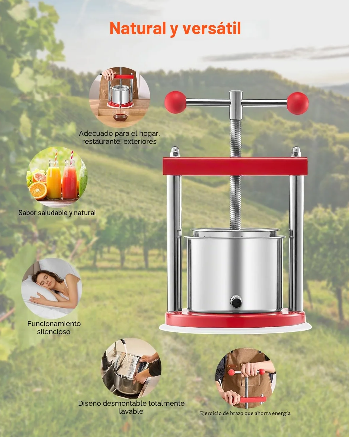 VEVOR Prensa de Vino de Frutas 1,65 L, 2 Barriles de Acero Inoxidable, 220 x 497 mm