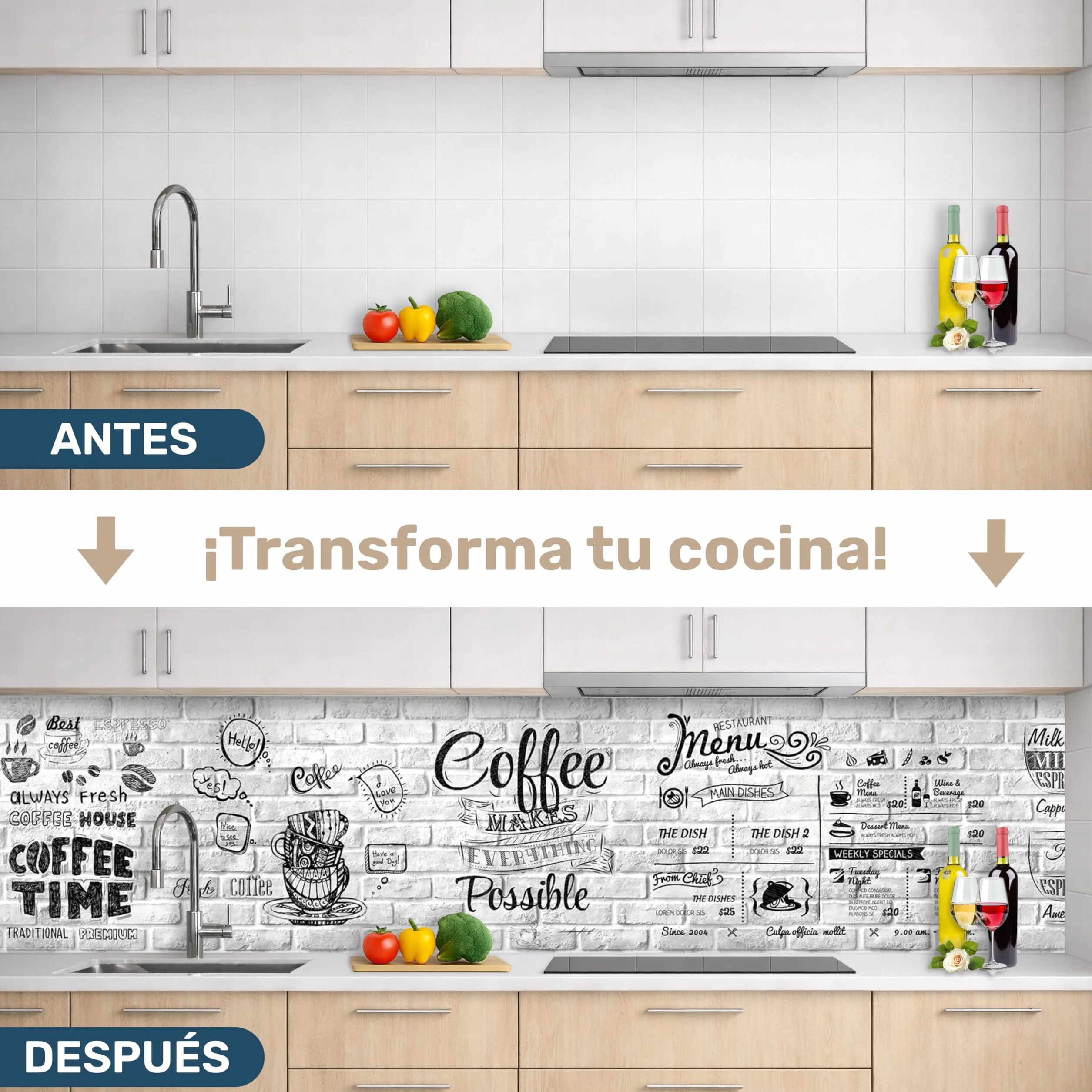 Panel Cocina Antisalpicaduras 300x60cm Placa ABS Monolítica Impresión Directa Protector Decorativo