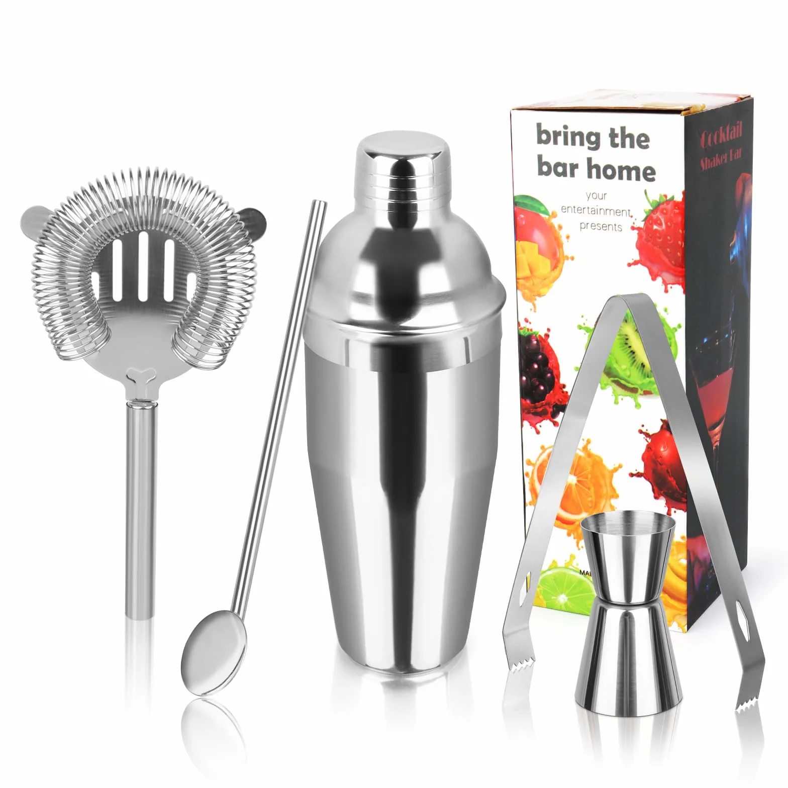 750ML Coctelera, 5 Piezas Juego de Cocktail Shaker INOX, coctelera Profesional Herramientas con Medidor, Cuchara, para Mezclar Bebidas, Hogar, Barra, Fiestas (Plata)